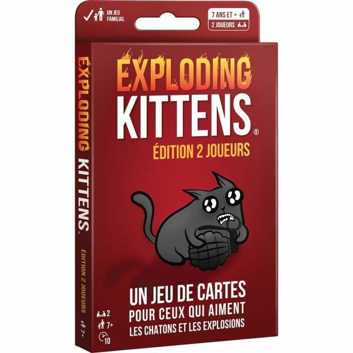 Exploding Kittens Kartenspiel-Box, rote Farbe, mit Zeichnung einer schwarzen Katze mit Bombe.