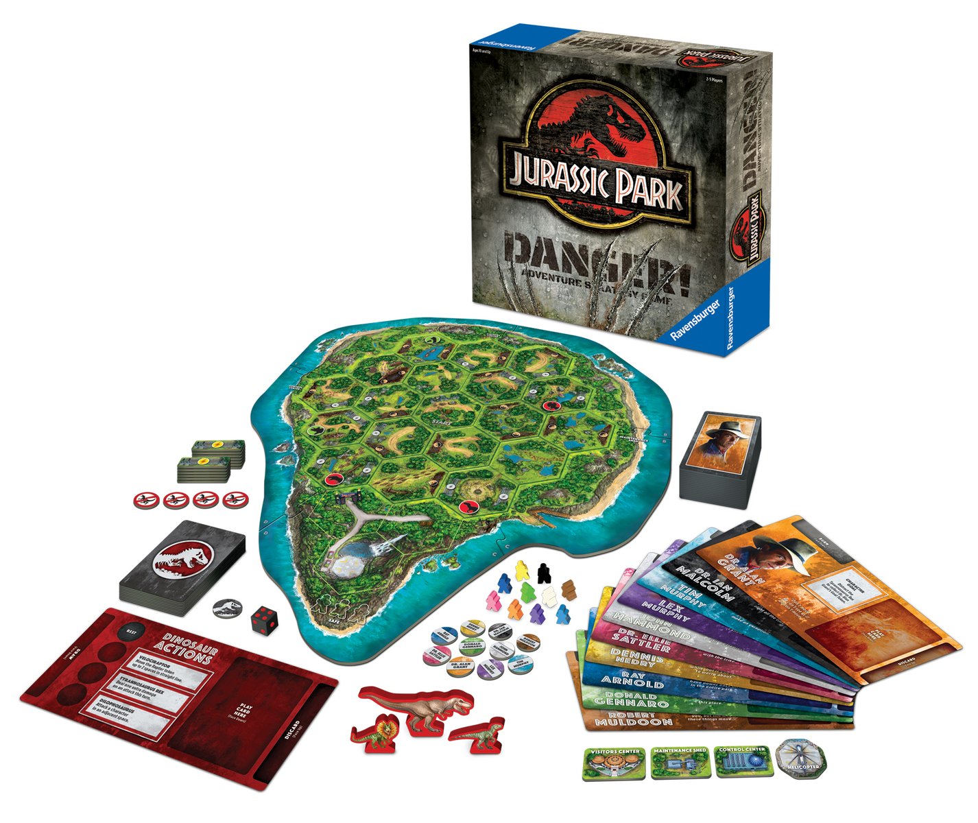 Brettspiel-Set: Jurassic Park Danger!, mit Spielbrett und verschiedenen Spielkomponenten.