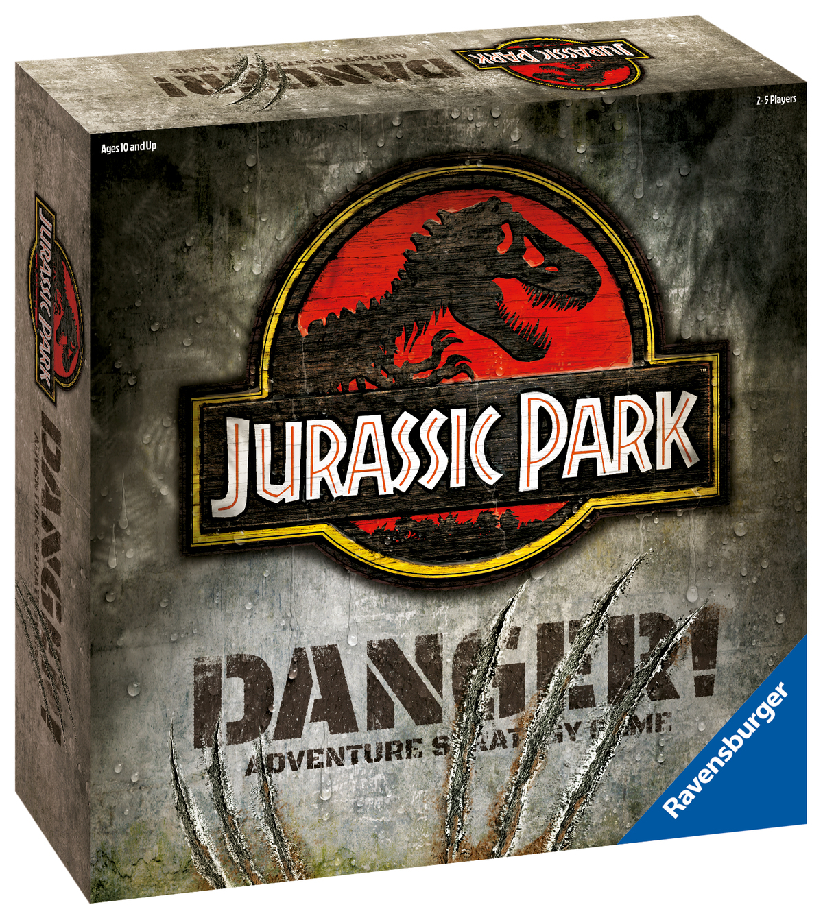 Jurassic Park Brettspielkasten mit Dinosaurier-Logo und dem Wort 'DANGER!'.