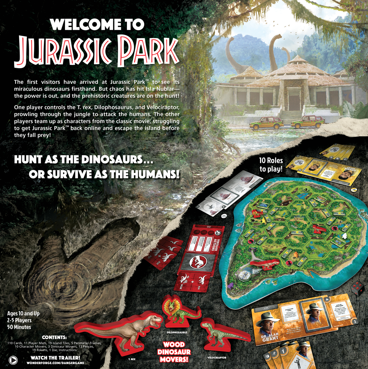 Eine Brettspielbox mit dem Titel 'Welcome to Jurassic Park', mit Dinosauriern und einer Karte.