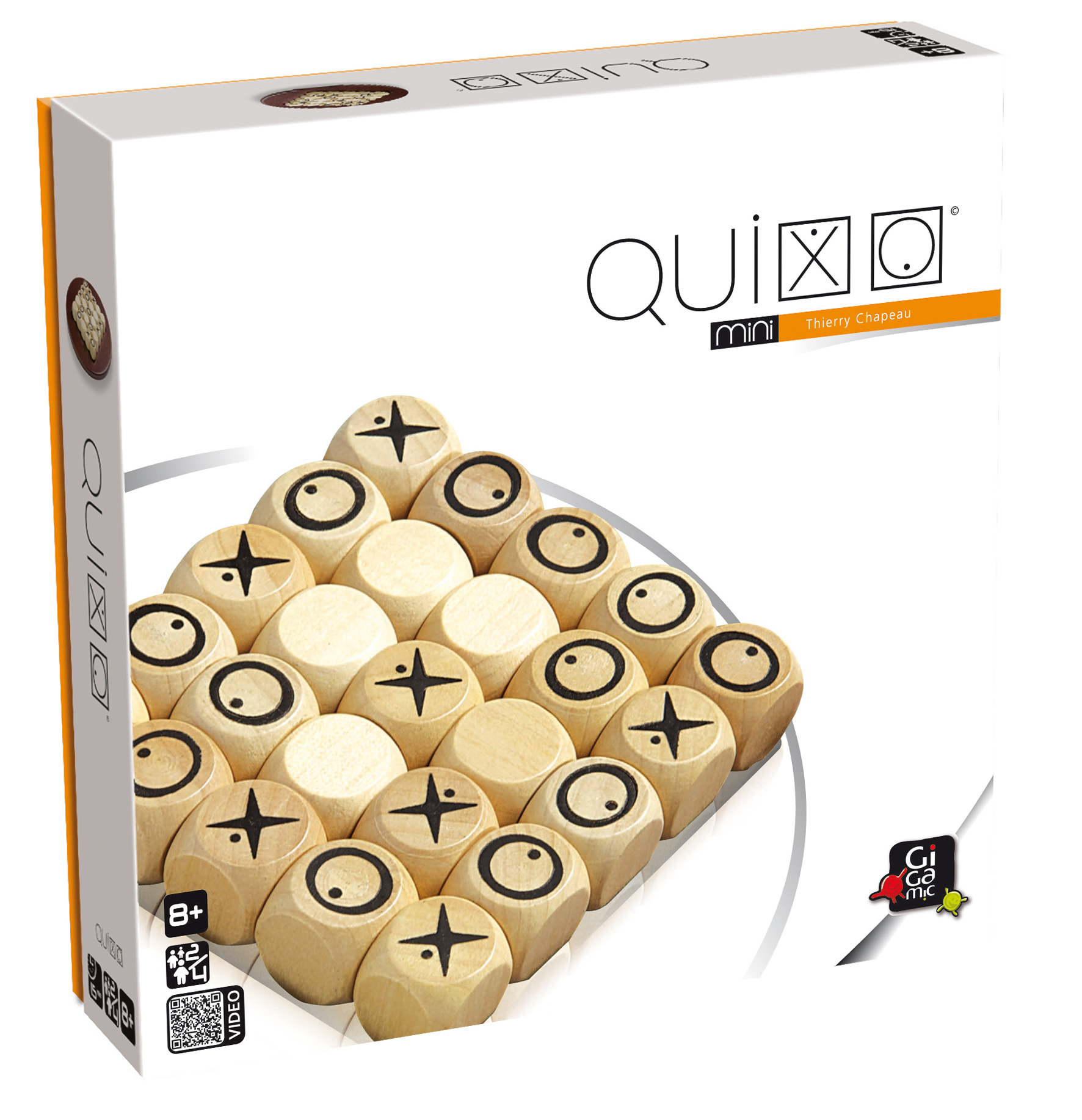 Une boîte de jeu Quixo mini avec des dés en bois et le titre du jeu sur fond blanc.