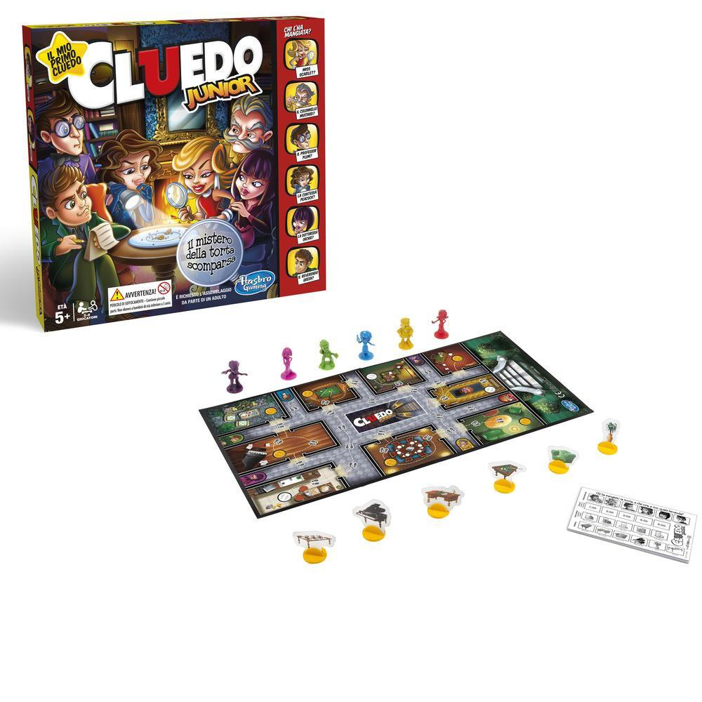 Cluedo Junior Spielbox und Spielbrett mit Spielfiguren. Charaktere und Umgebung sichtbar.
