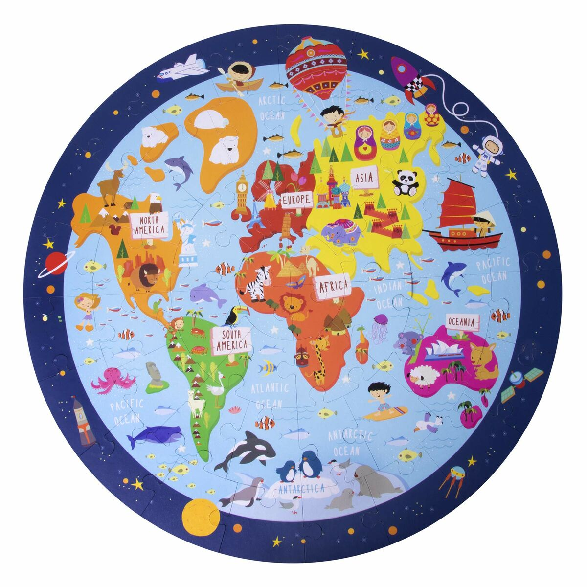 Een kleurrijke wereldkaartpuzzel met dieren, boten en een ruimtethema.