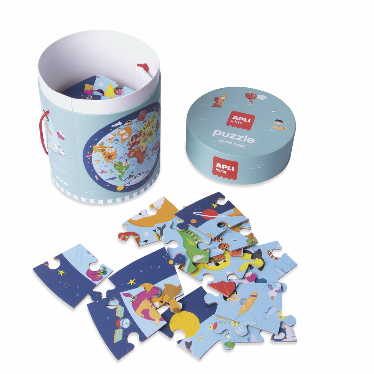 Een wereldkaartpuzzel met stukjes verspreid rond een cilindrische container en een kleine ronde doos.