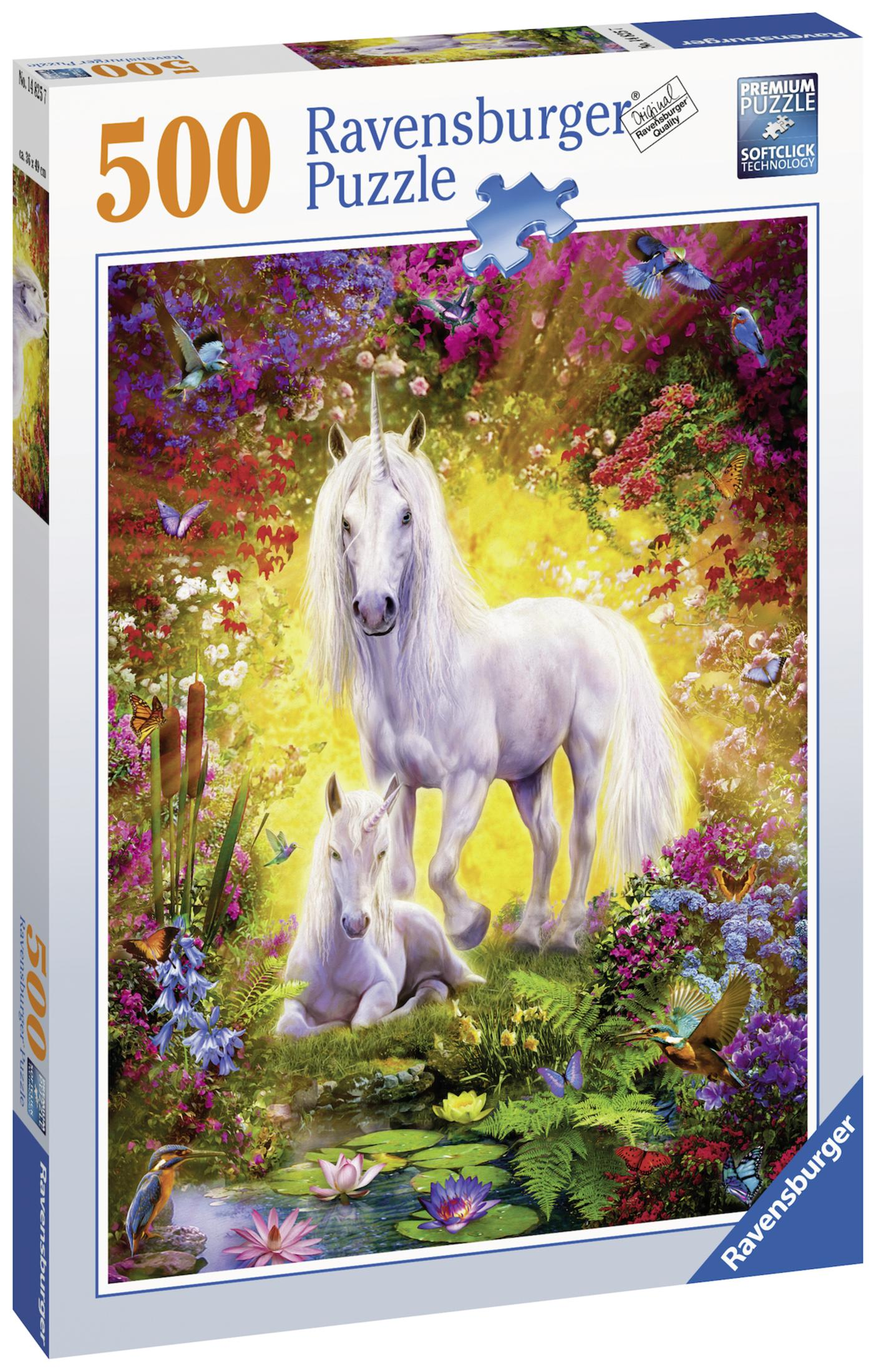 Puzzelbox mit einem weißen Einhorn und Fohlen in einer blumigen Umgebung mit Schmetterlingen.