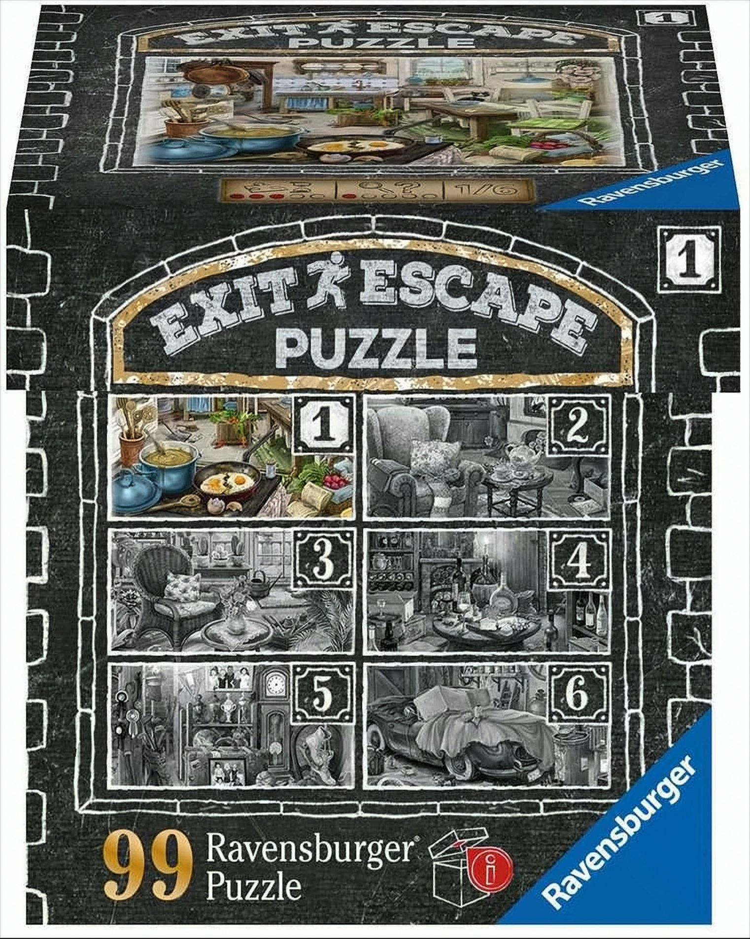 Pudełko z grą logiczną Exit/Escape z ilustracjami pokoi i szeregiem zagadek.