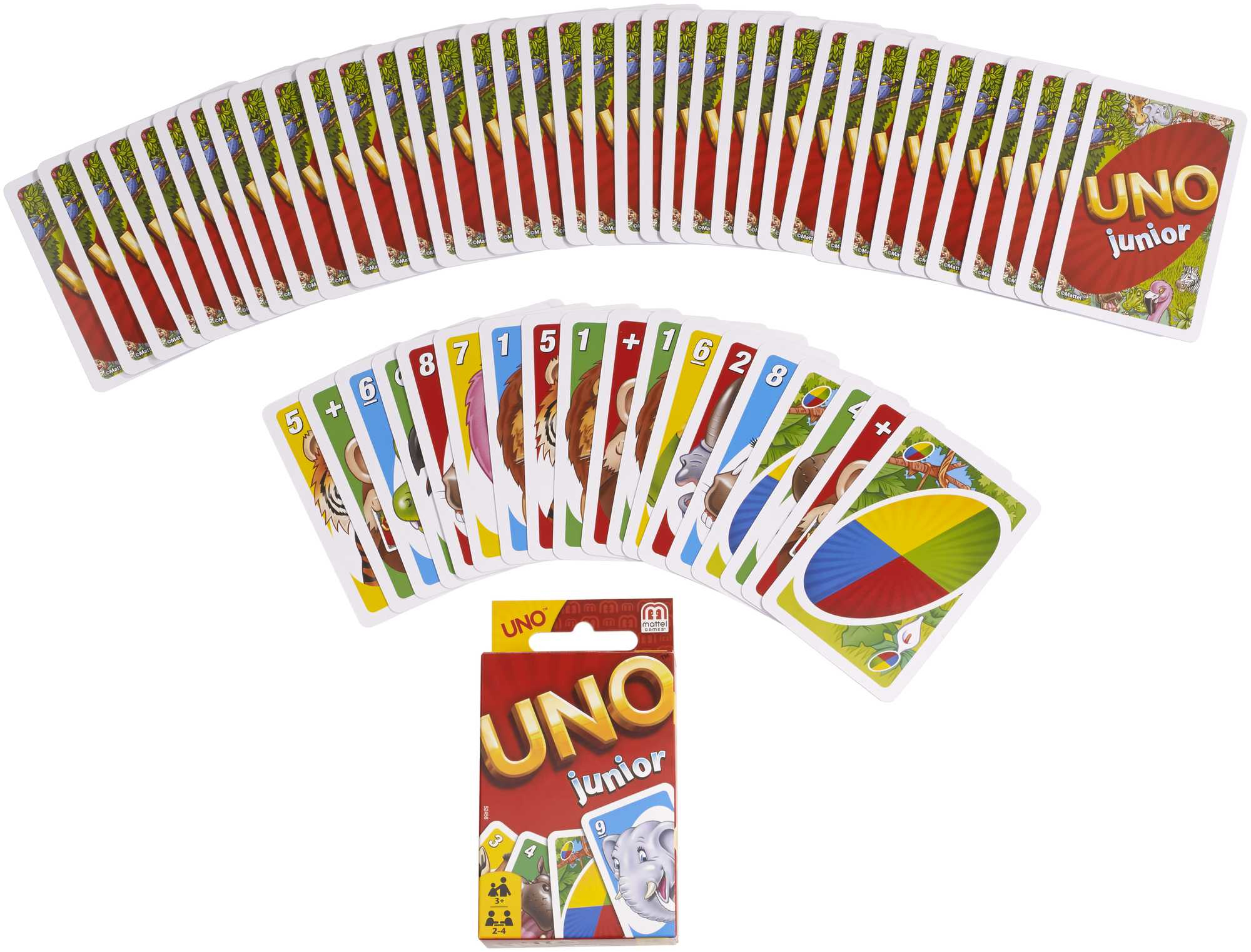 Ein Stapel UNO Junior Karten und eine Box. Die Karten sind aufgefächert und zeigen Zahlen und Tierillustrationen.