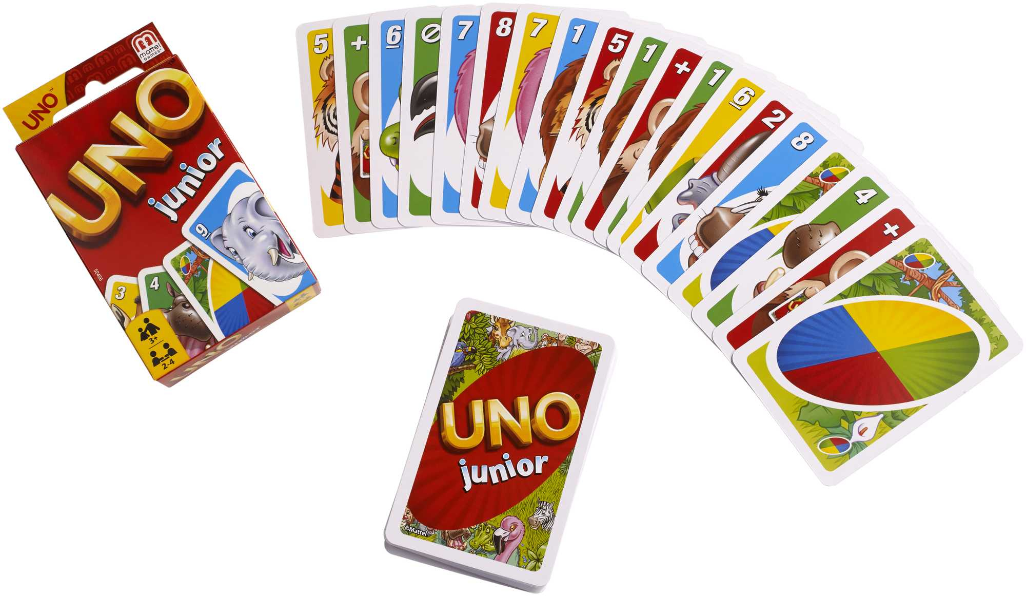Uno Junior Kartenspiel, Karten aufgefächert, rote Box.