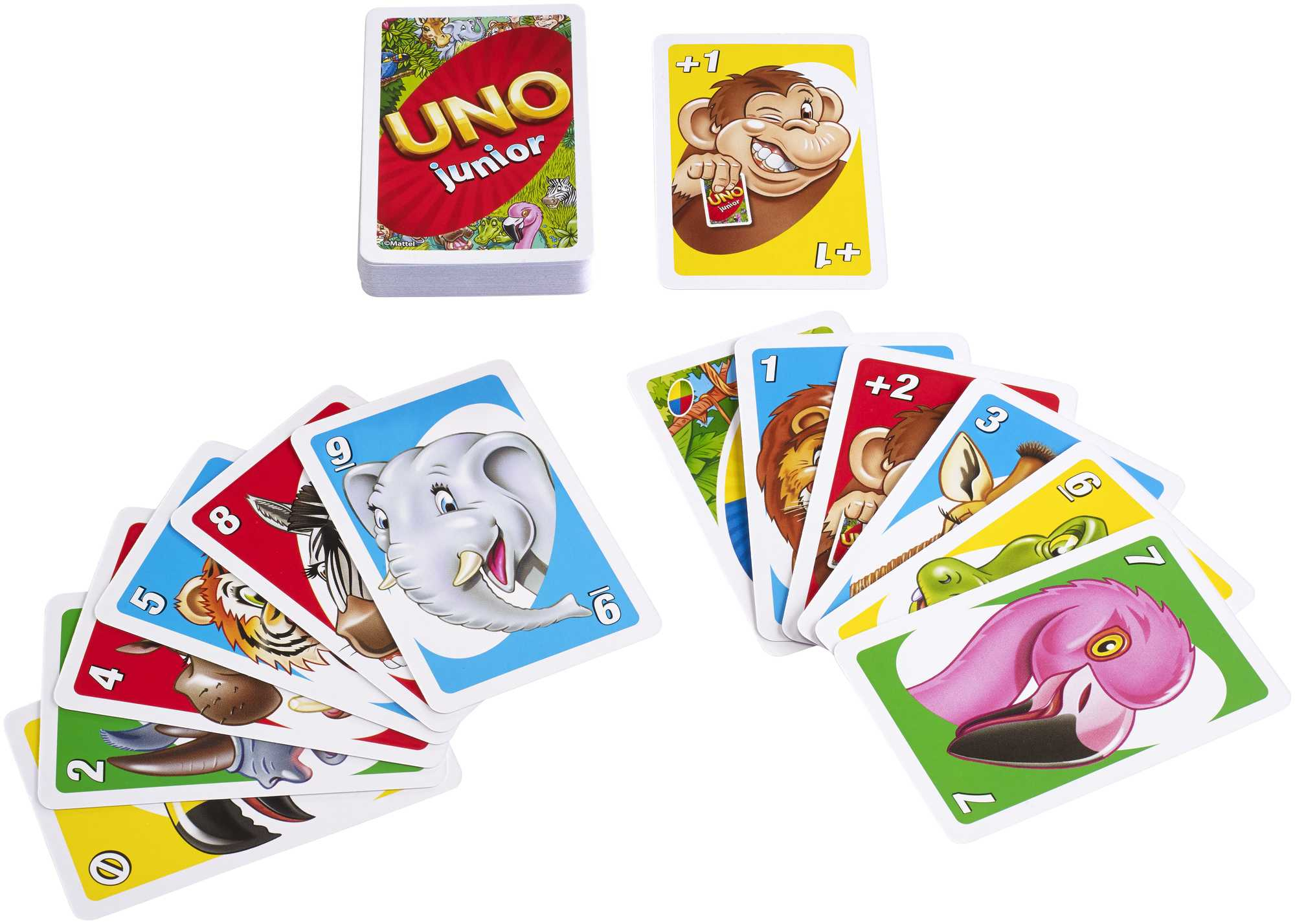 Uno Junior Kartenspiel. Kartenstapel und verstreute Karten mit Tierillustrationen.