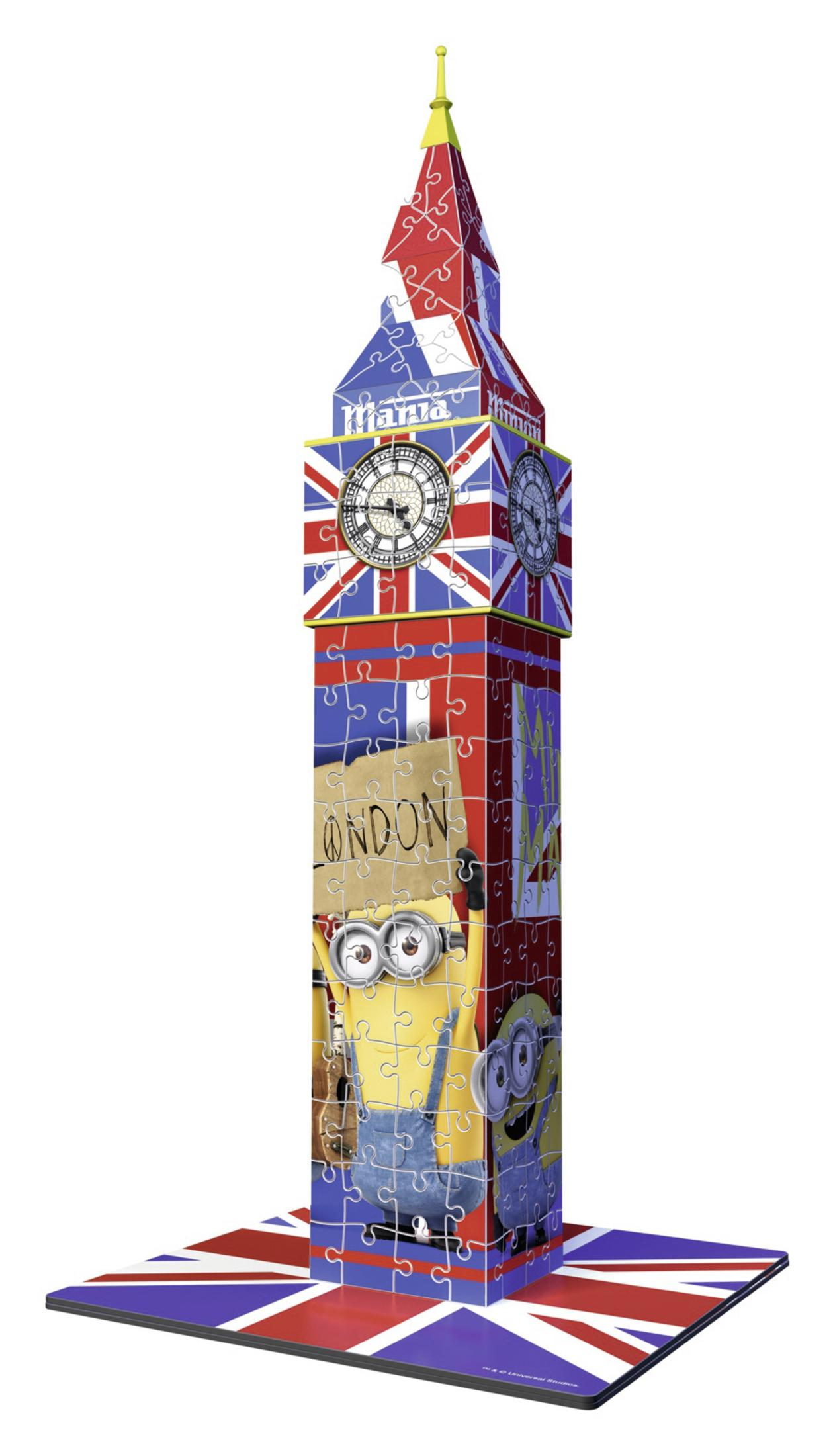 Big Ben Puzzle mit Minions. Die Uhrtürme sind blau. Das Puzzle ist auf weißem Hintergrund.