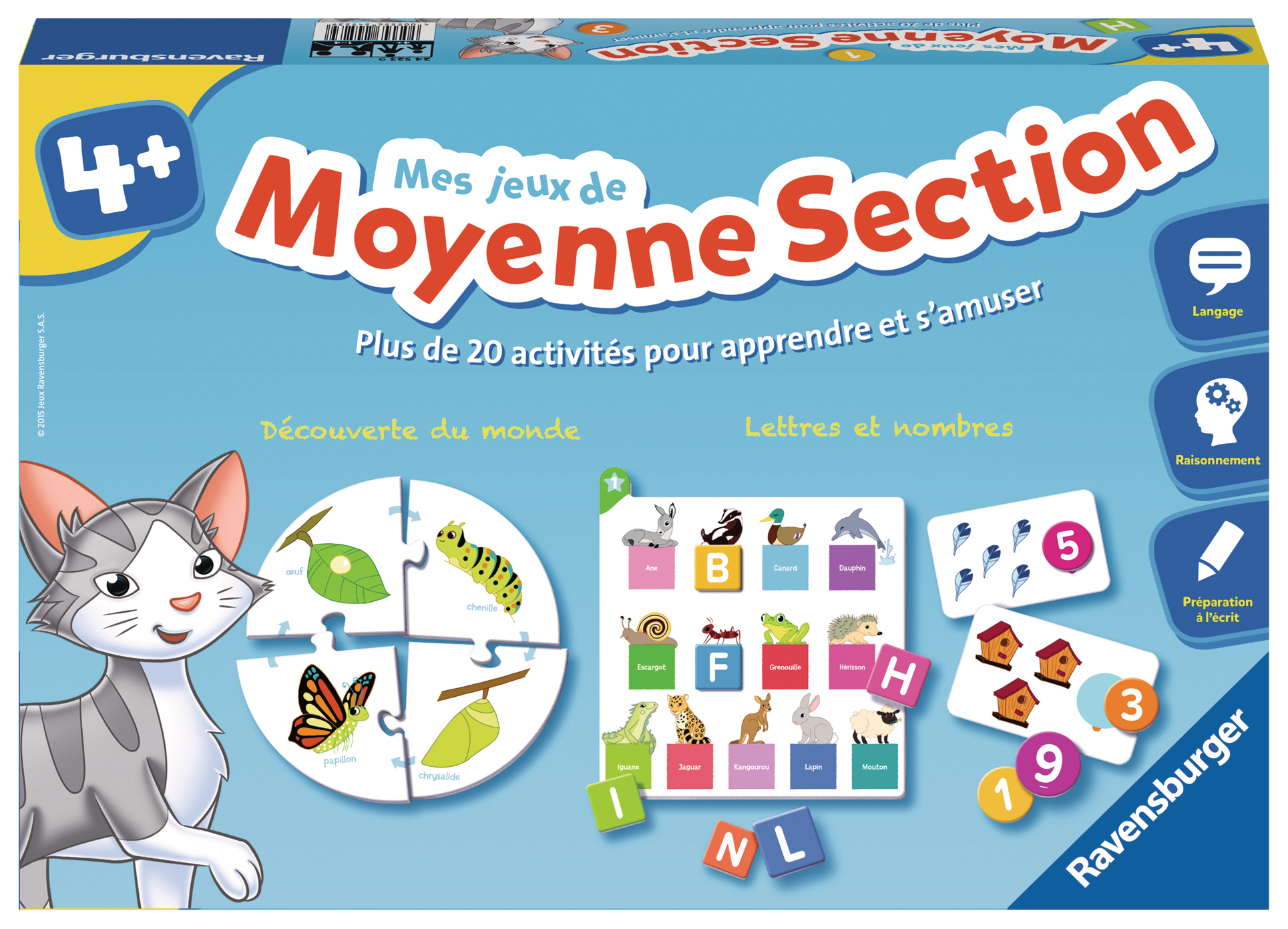 Scatola di gioco da tavolo con gatto, puzzle, lettere e numeri, per bambini.