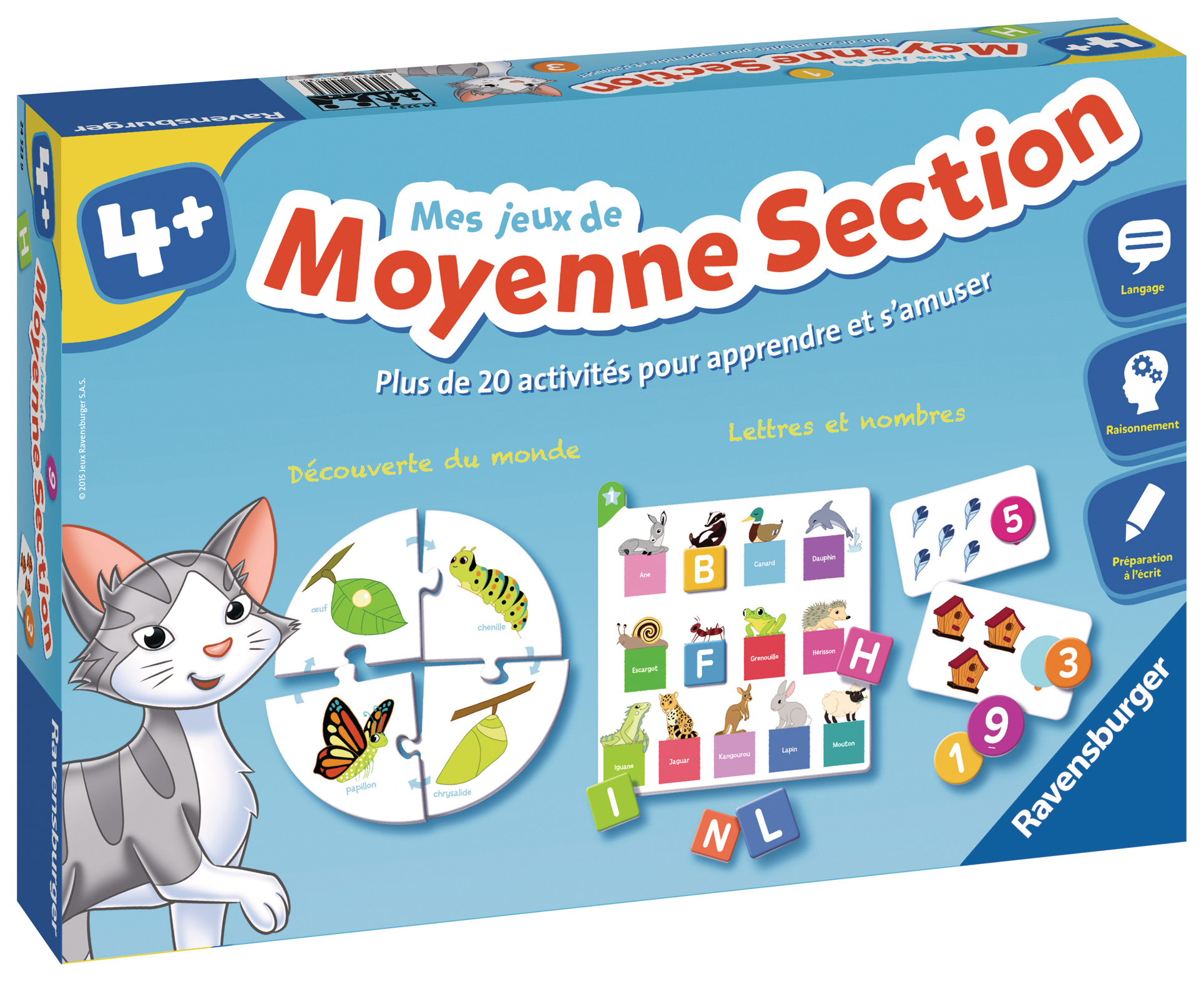 Una scatola di gioco da tavolo con un gatto e pezzi di puzzle con numeri e lettere.