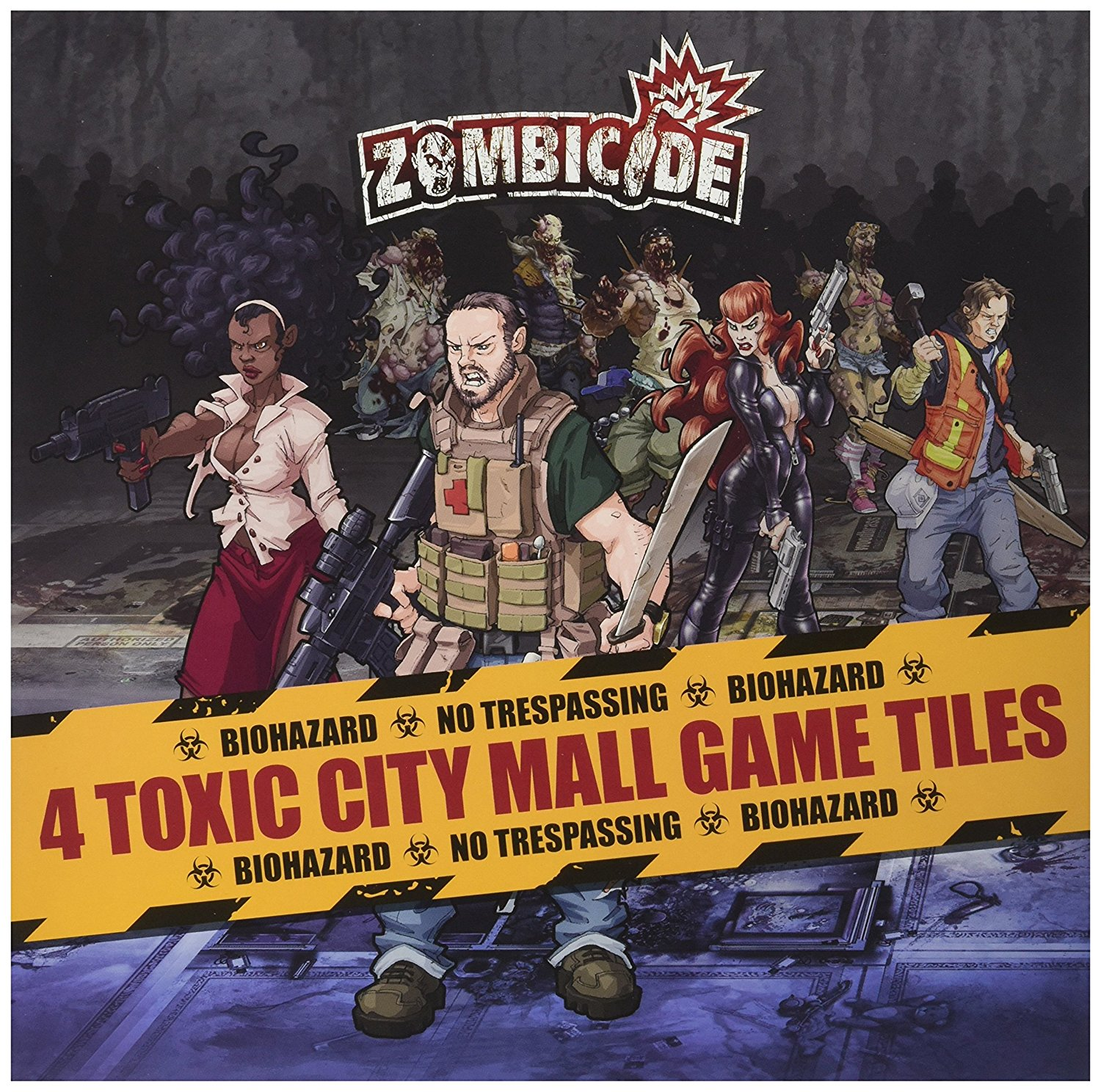 Eine Zombicide-Spielbox mit Zombiefiguren und Charakteren. Die Box hat ein gelbes Banner.