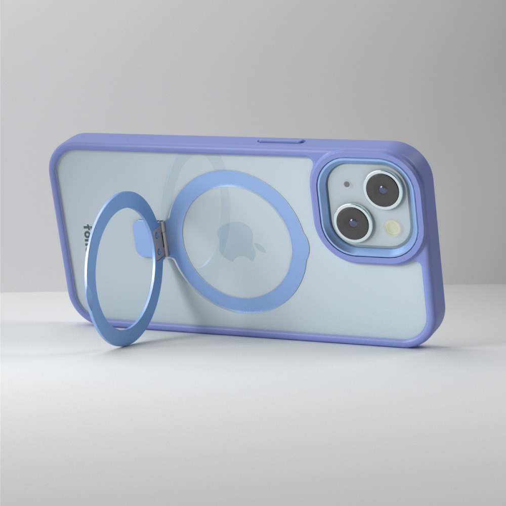 Une coque de téléphone transparente avec un support d'anneau bleu et un téléphone.