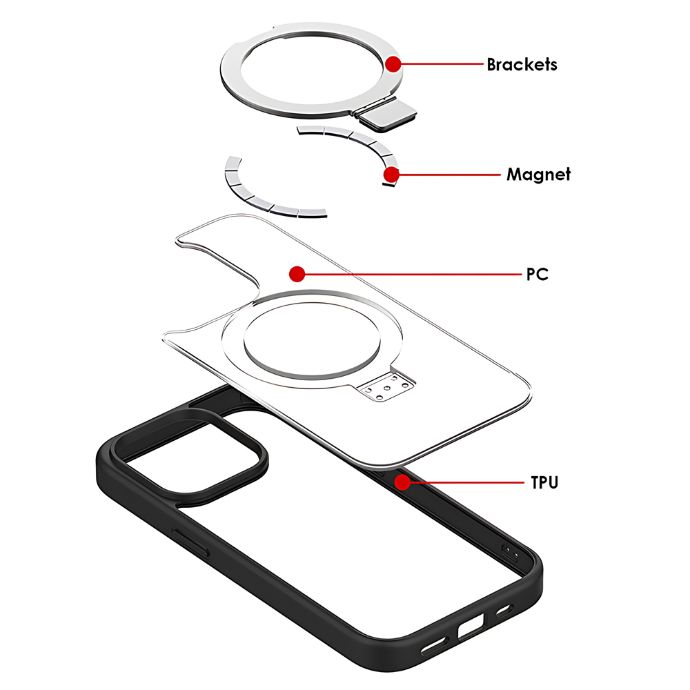 Vue éclatée d'un étui de téléphone noir avec étiquettes. Montre les supports, l'aimant, etc.