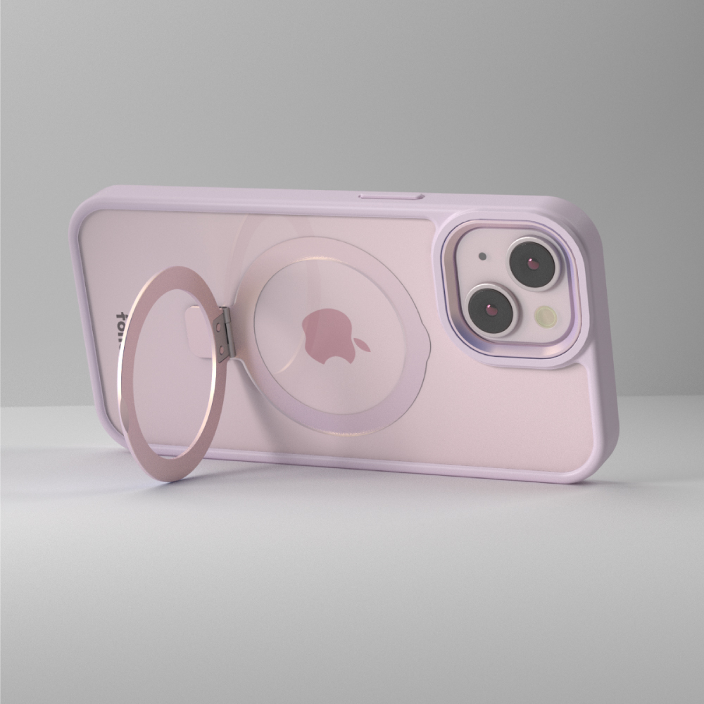 Coque de téléphone violet clair avec support de bague et logo Apple rose sur fond gris.