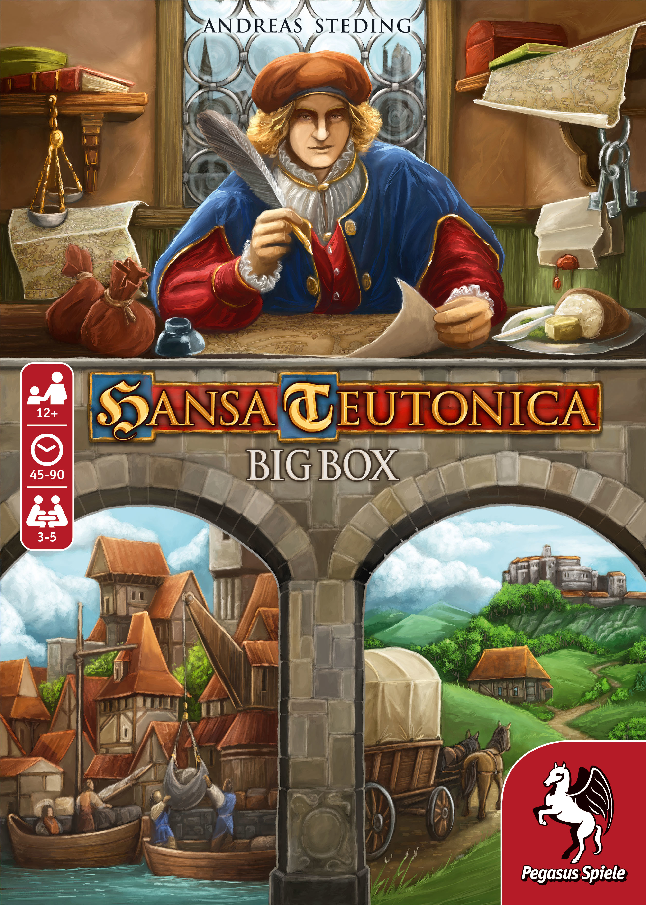 Brettspielbox, Sansa Teutonica. Illustration einer mittelalterlichen Szene, Menschen und Gebäude.