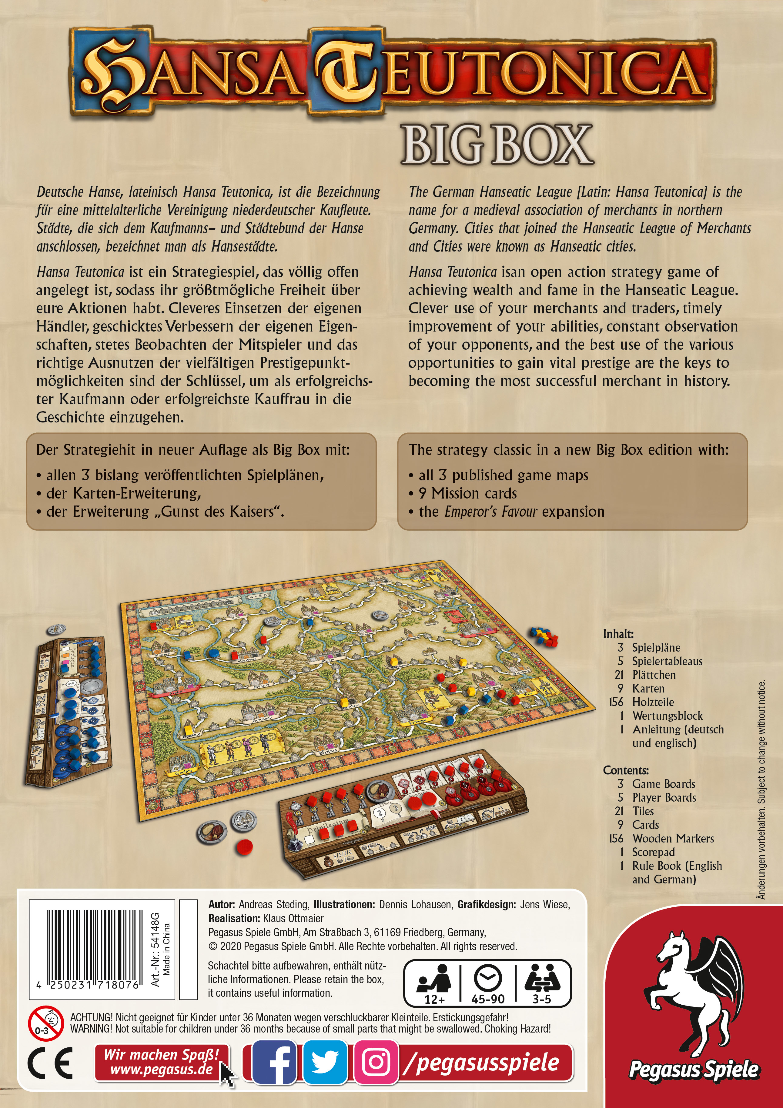 Die Rückseite einer Brettspielbox mit Text, Diagrammen und Bildern. Das Spiel heißt Hansa Teutonica.