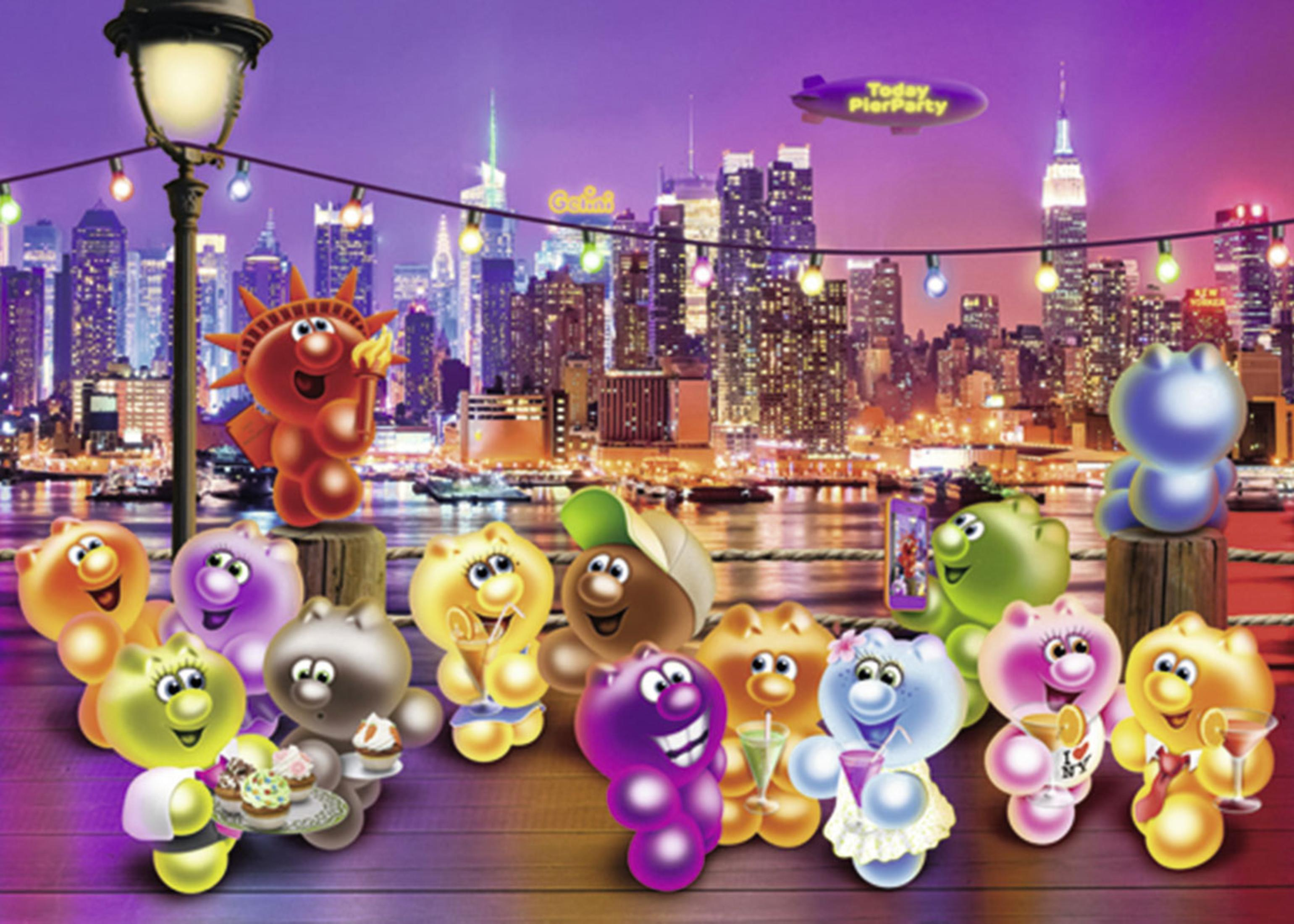 Illustration von Zeichentrickfiguren auf einem Pier mit Skyline von NYC. Ein Luftschiff liest 'Today Pier Party'.