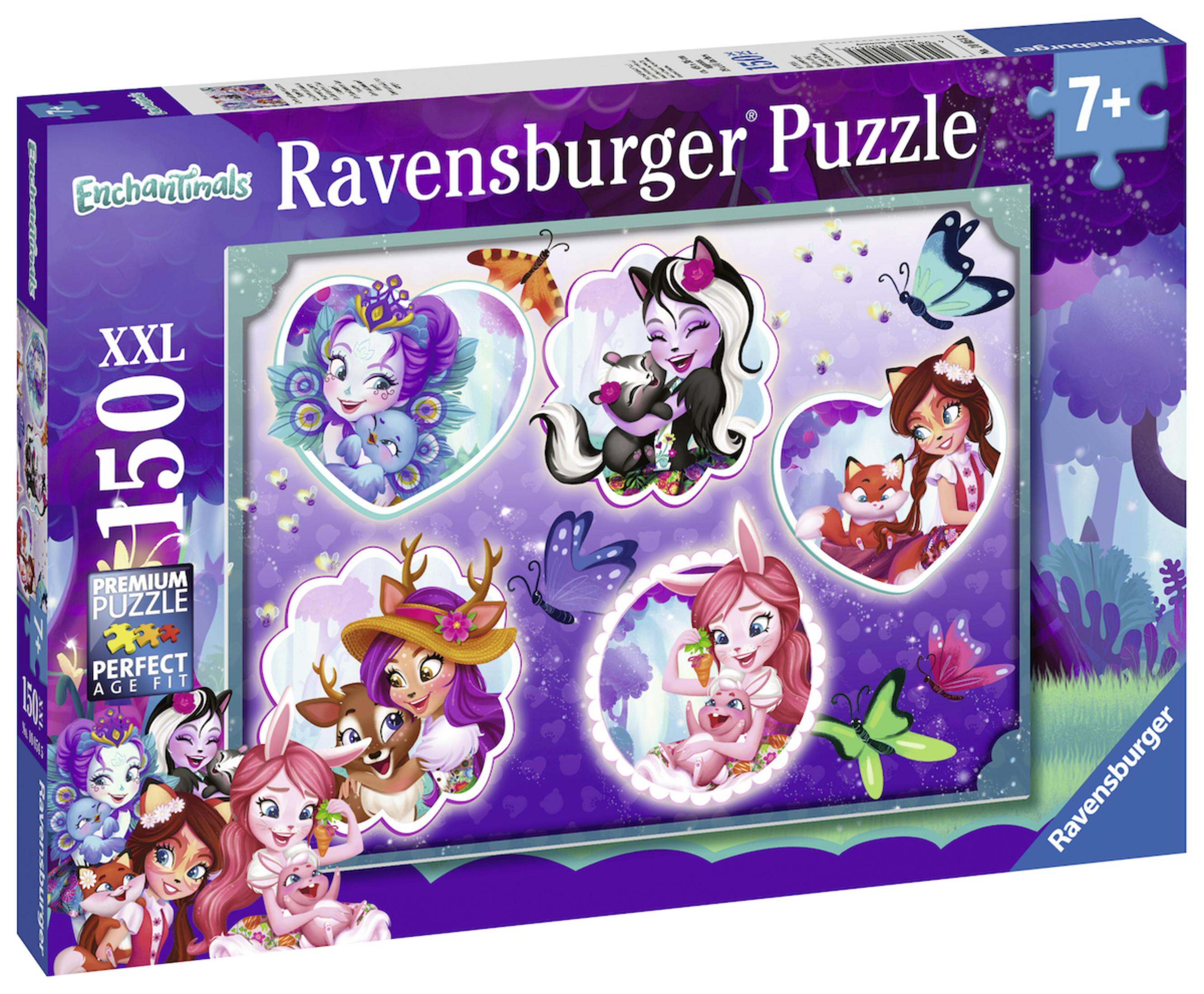 Das Bild zeigt eine Ravensburger Puzzle-Box mit einem Cartoon-Bild von Figuren. Die Box ist mit 'XXL 150' beschriftet.