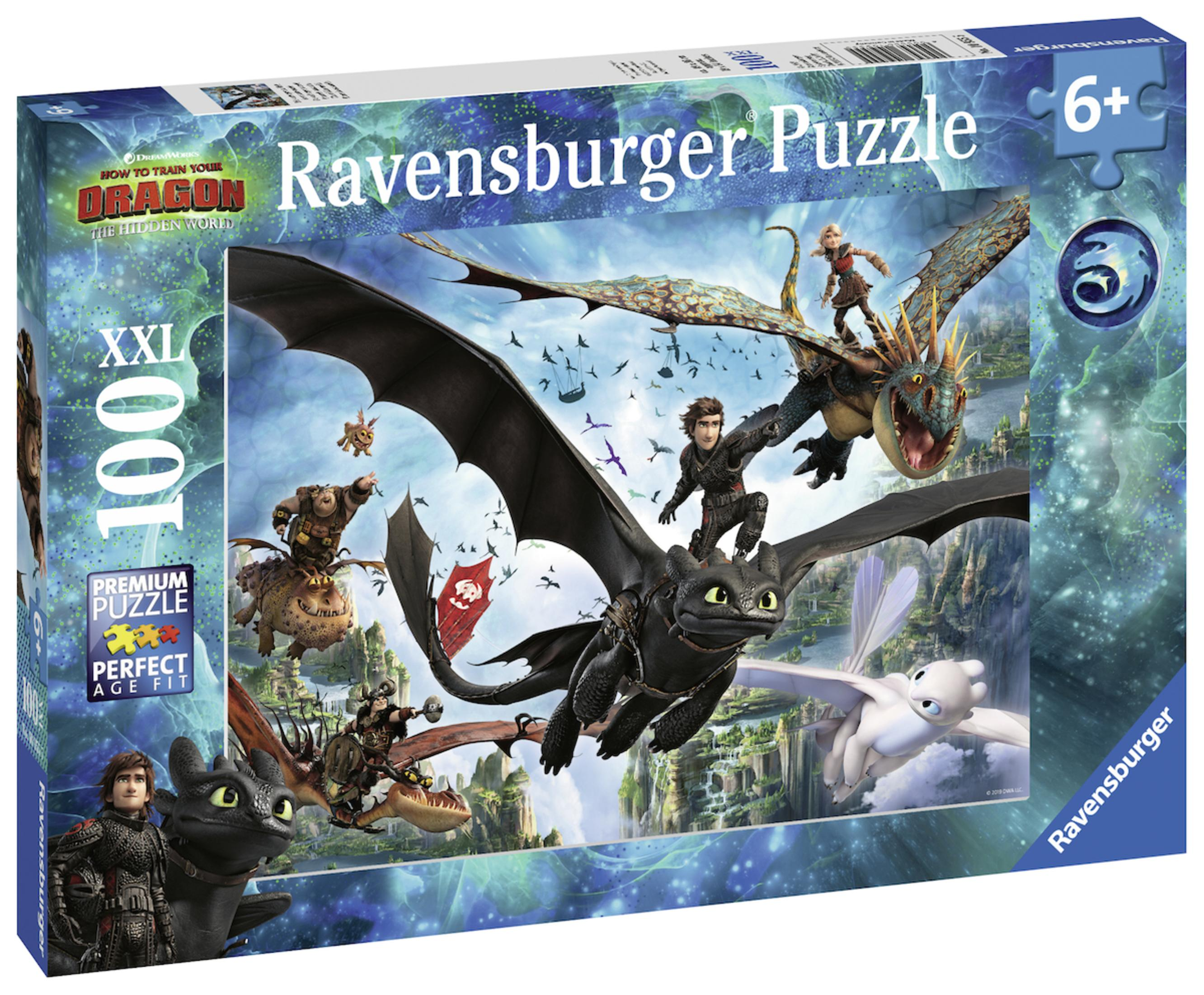 Ein Puzzlekarton mit einer Szene aus „Drachenzähmen leicht gemacht“. Das Bild zeigt Charaktere, die auf Drachen am Himmel reiten.