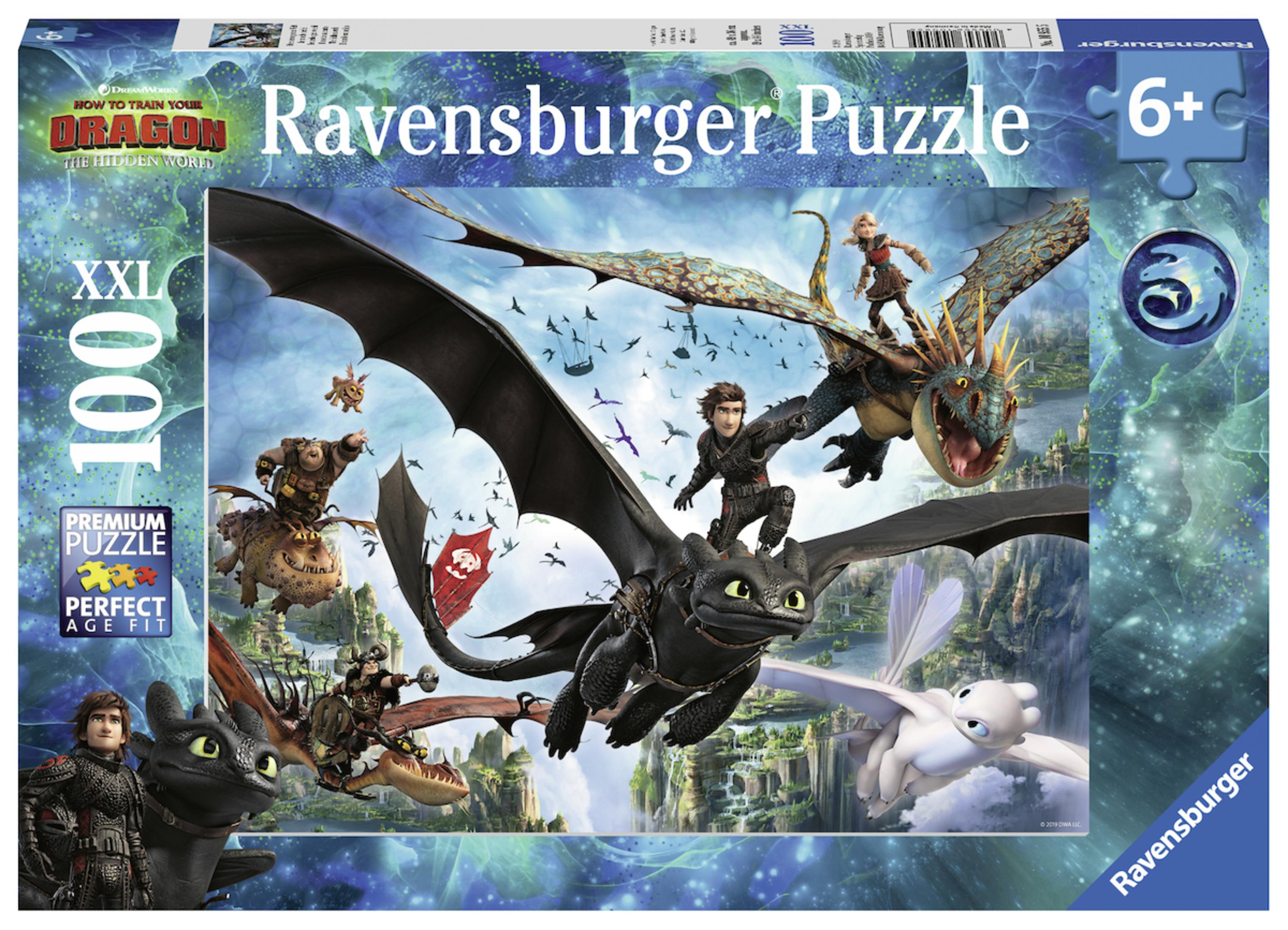 "Drachenzähmen leicht gemacht" Puzzleschachtel mit Drachen und Figuren. Weißer Hintergrund.