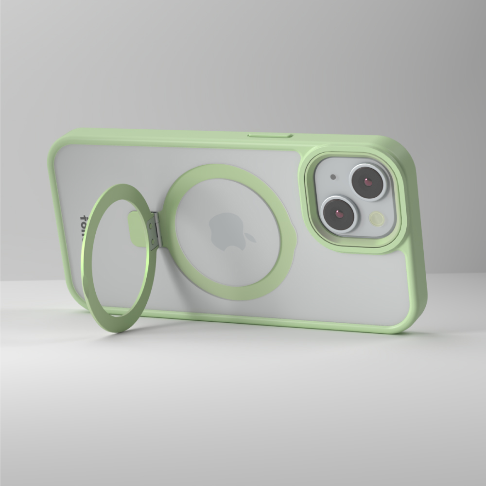 Coque de téléphone verte avec un support de bague et fond blanc.