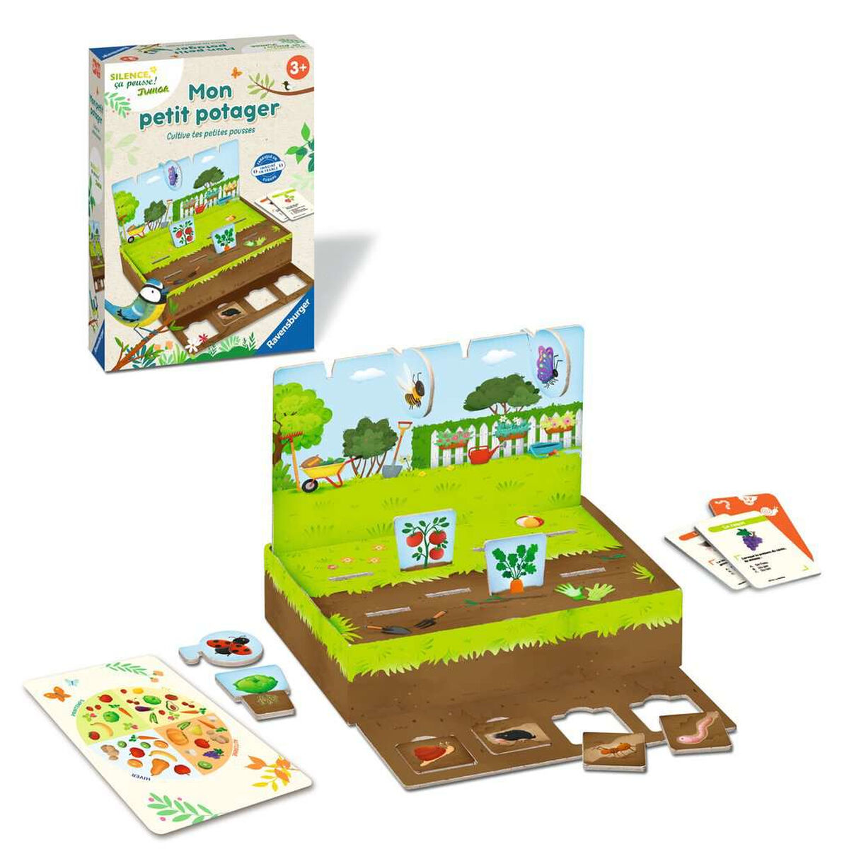 Kinderspiel mit Gartenszene und Karten, mit einer Box oben.