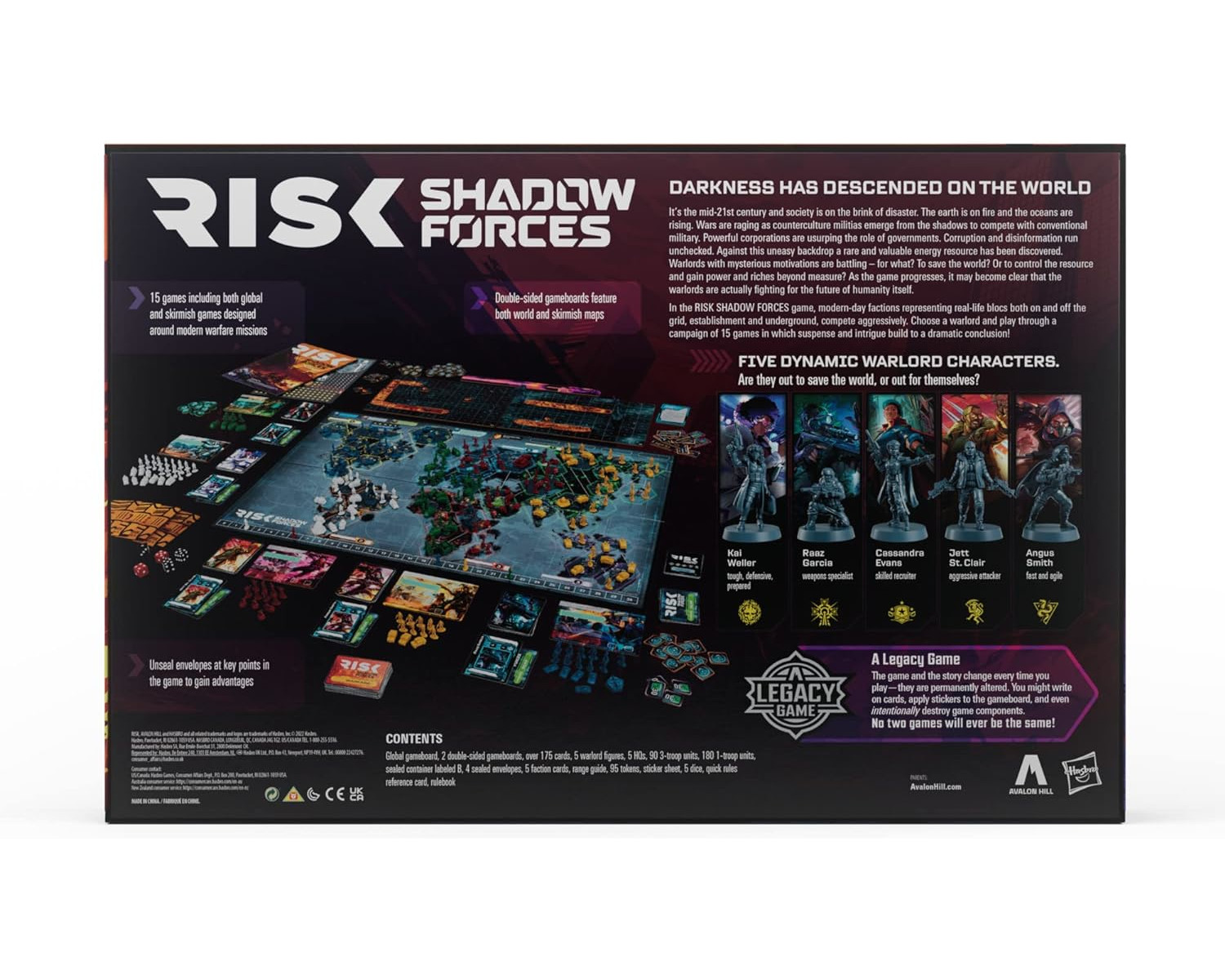 Rückseite einer Risk-Spielbox, mit Spielkomponenten, Charakteren und einer dunklen Welt.