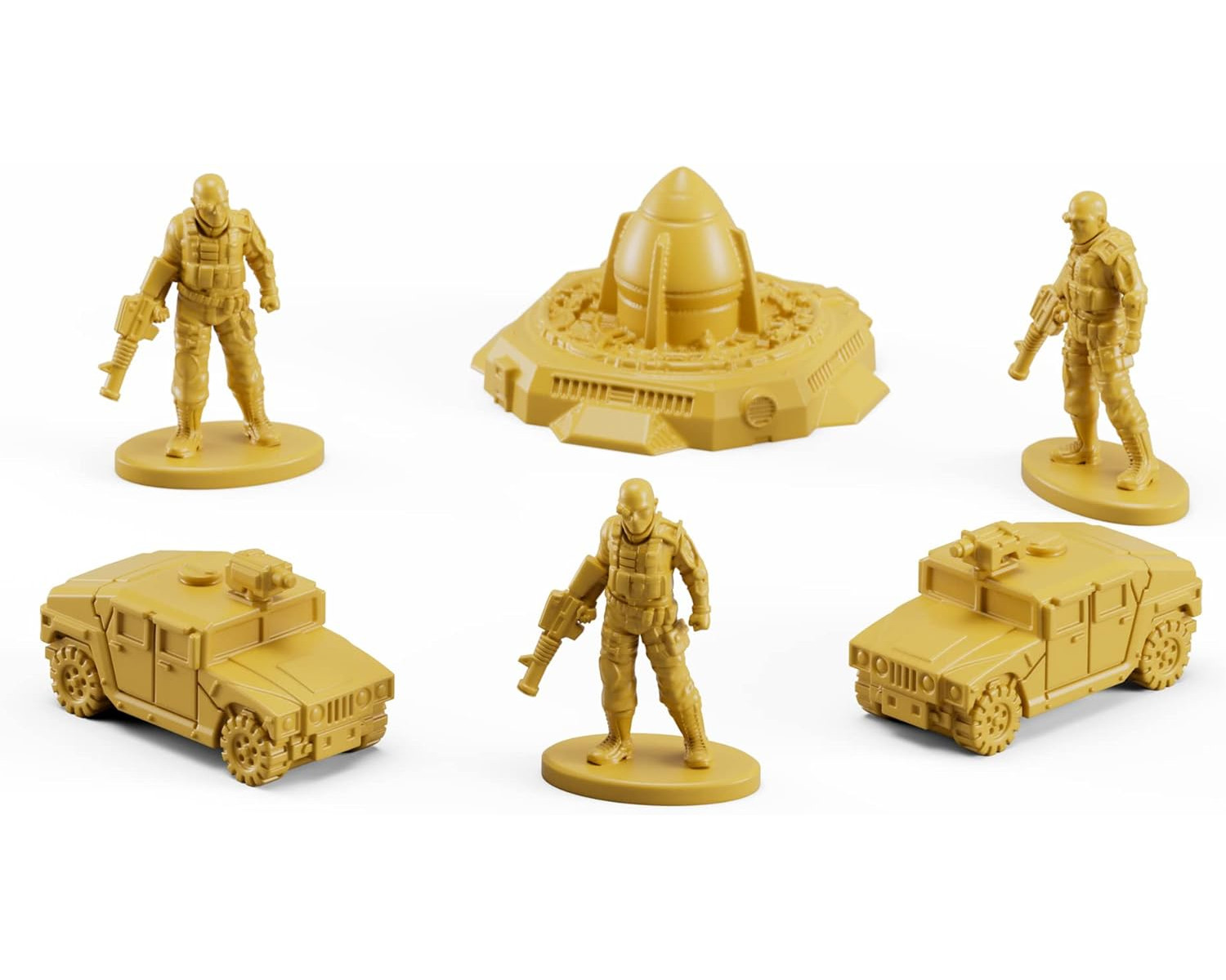 Spielzeugsoldaten, zwei Humvees und eine futuristische Struktur auf weißer Oberfläche.