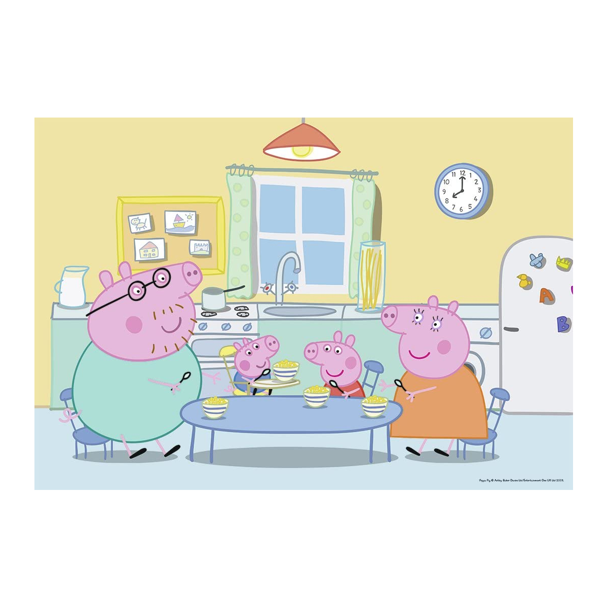 Peppa Pig familie in een keuken, aan het eten. Gele muur en raam.