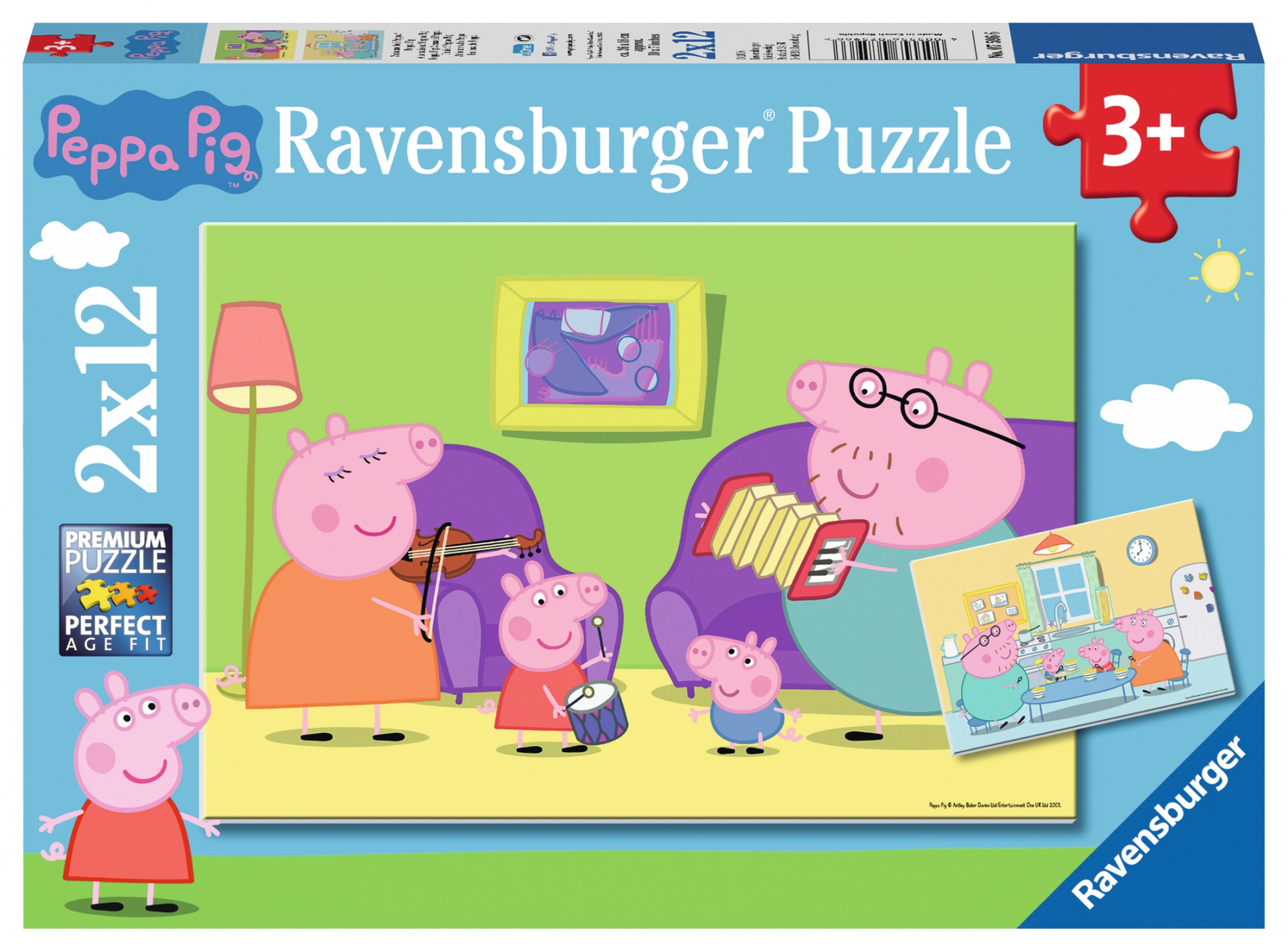 Peppa Pig puzzelbox met familiescène; Peppa speelt viool, Papa Big accordeon, en anderen spelen.