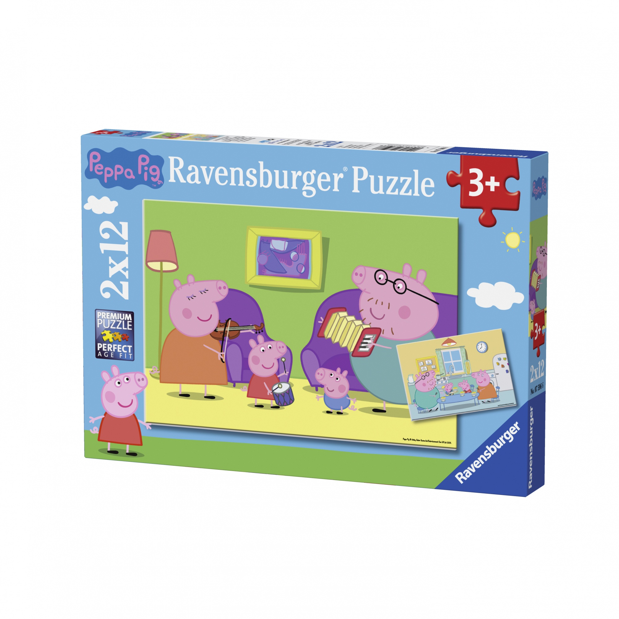 Peppa Pig puzzeldoos, met de Peppa Pig-familie die instrumenten bespeelt en een puzzelstukje.