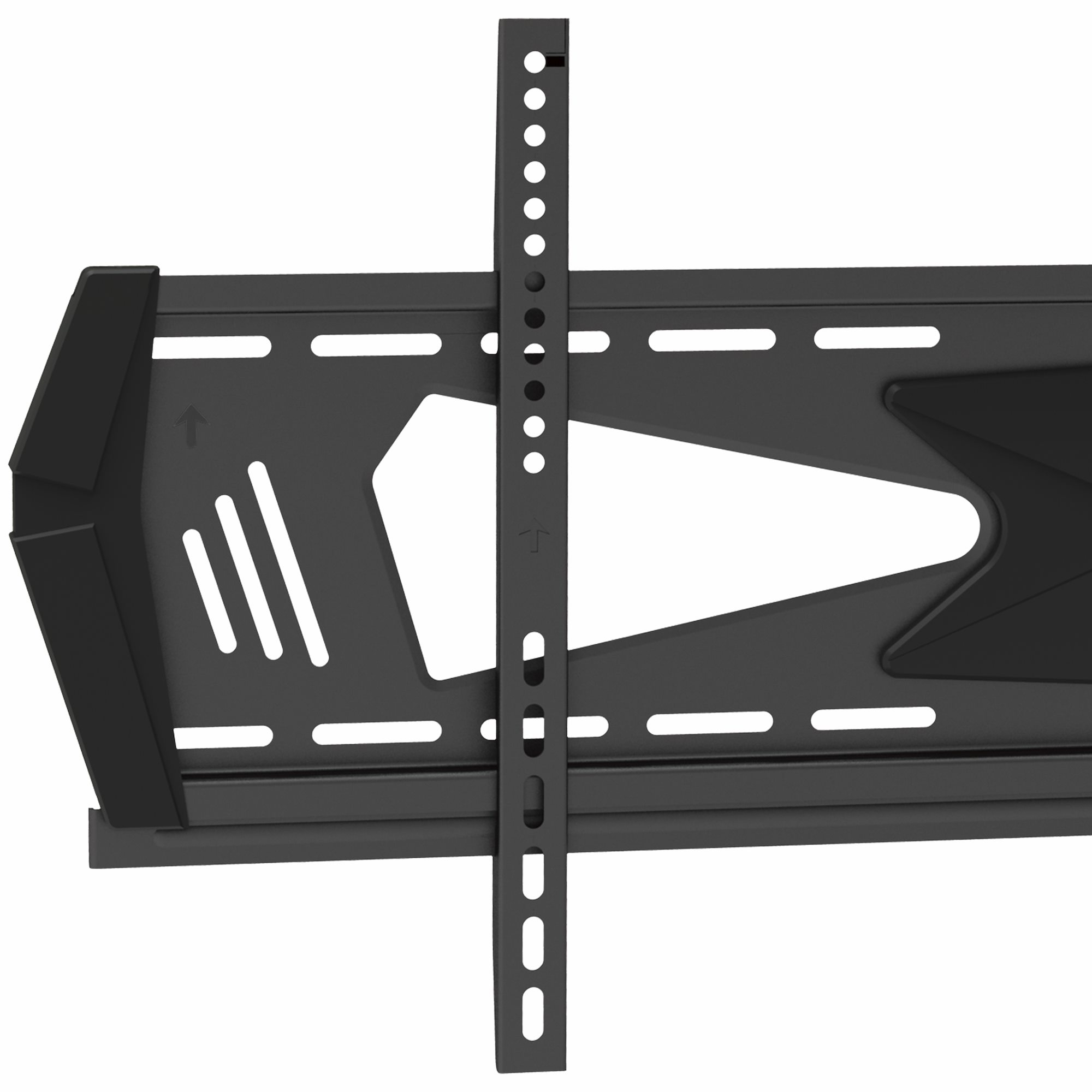 Gros plan sur un support TV noir avec une barre verticale et une base horizontale, fond blanc.