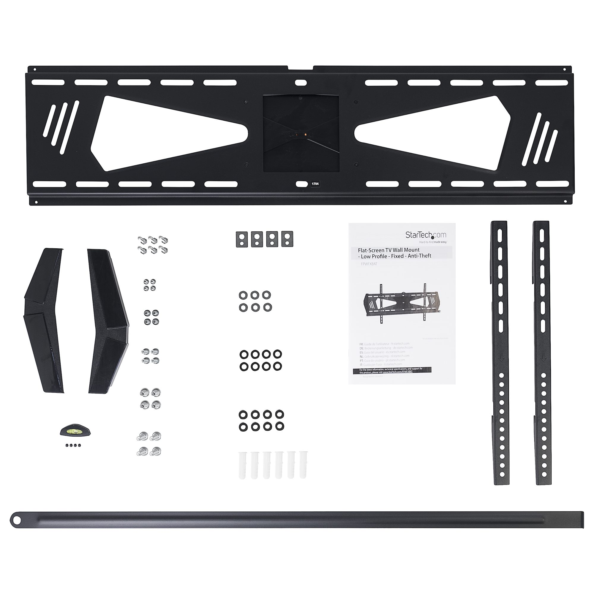 Kit de montage mural TV avec diverses pièces : support, vis et manuel. Le tout sur fond blanc.