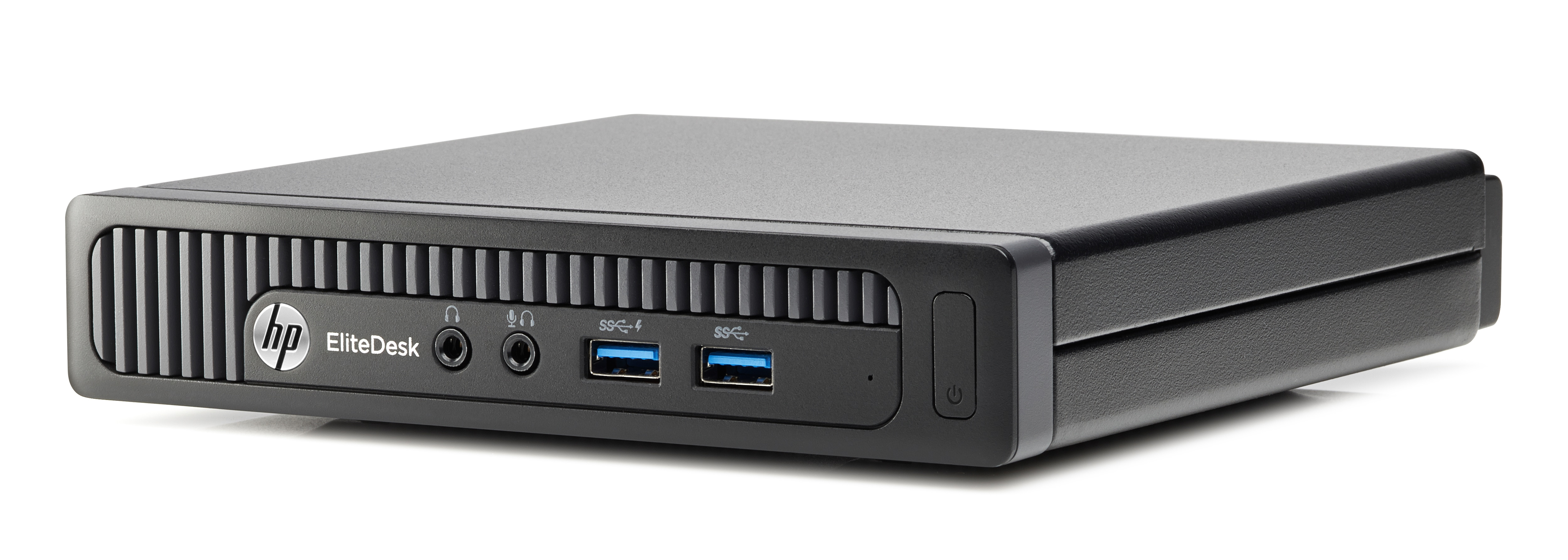 Schwarzer HP EliteDesk Desktop-Computer. Er hat Anschlüsse vorne, ein DVD-Laufwerk und einen Ein-/Ausschalter.