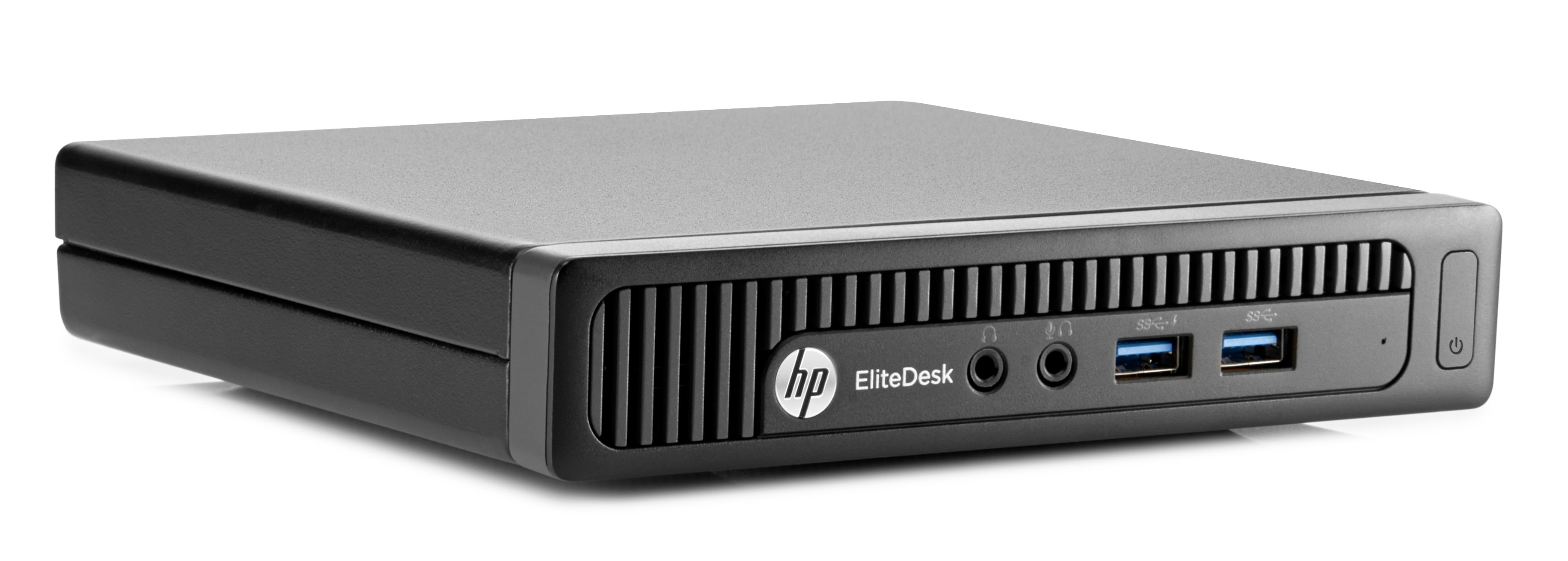 Schwarzer HP EliteDesk Mini-Computer. Mit Anschlüssen, Lüftungsschlitzen und HP-Logo.