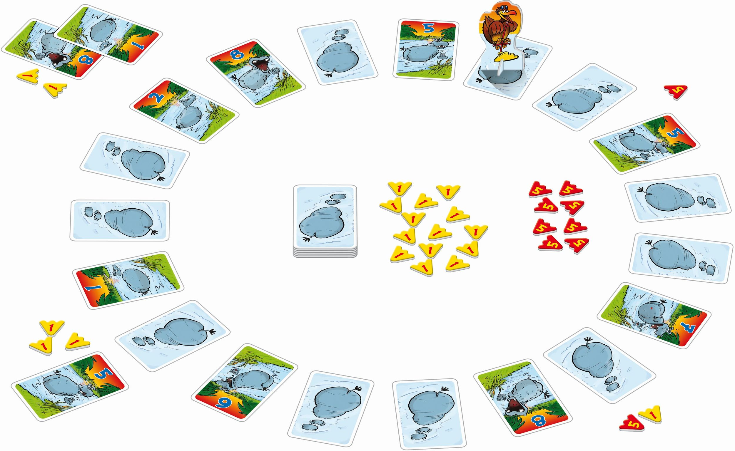 Brettspiel mit Karten und Spielsteinen, mit Nilpferdfiguren und einem Geier.
