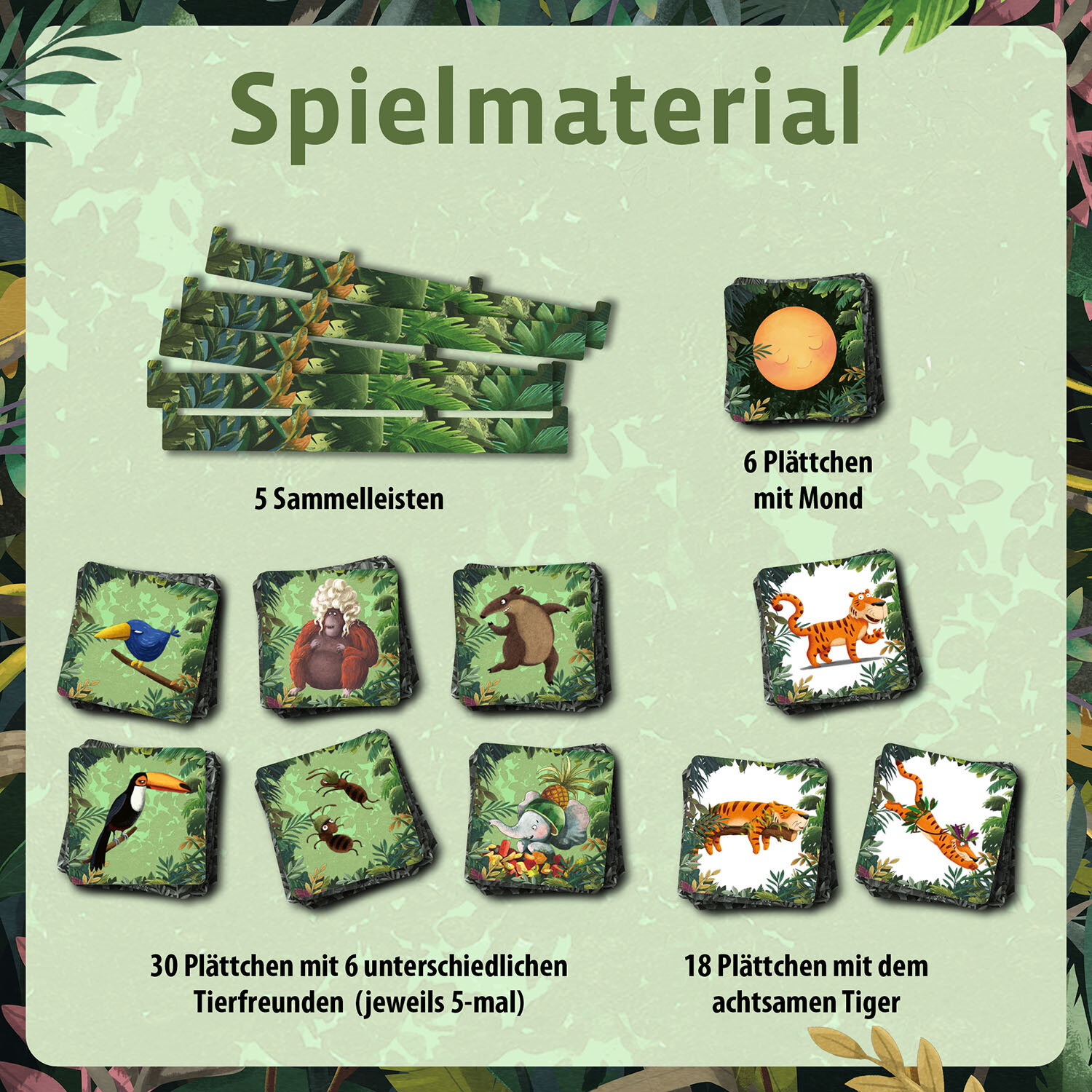 Ein Spielbrett mit Tierplättchen und Dschungel-Elementen.