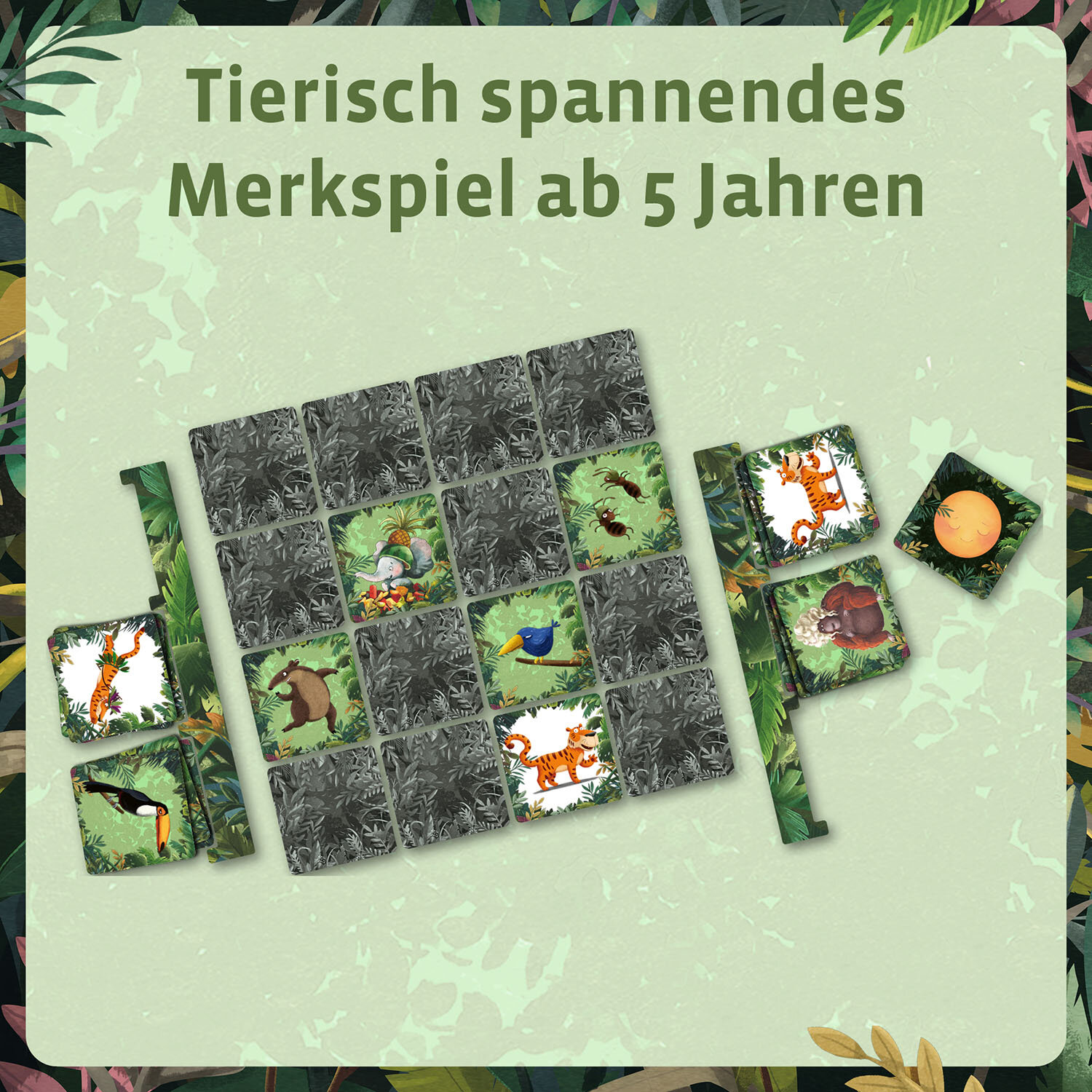 Memory-Spiel mit Tierillustrationen. Karten auf grünem, blättrigem Hintergrund.