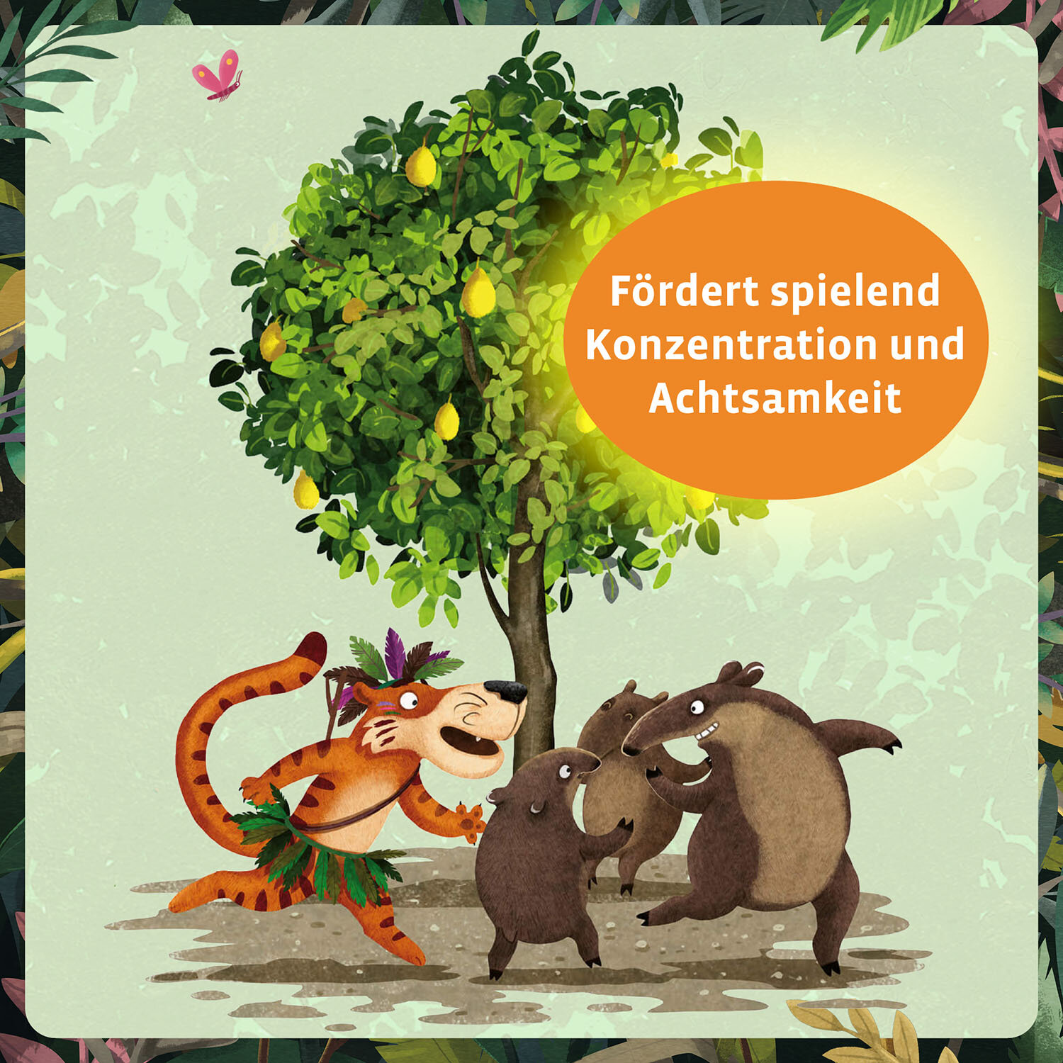 Cartoon von einem Tiger und zwei Tapiren mit einem Baum und Text in Orange. Hintergrund aus grünen Blättern und einem rosa Schmetterling.