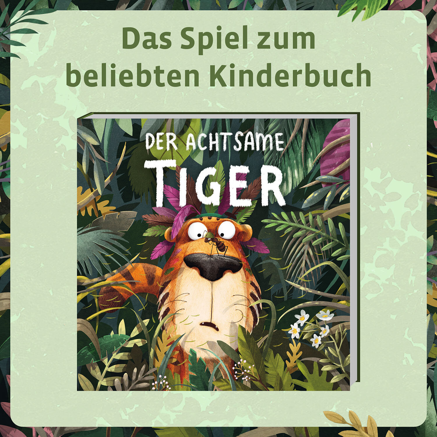Ein Buchcover mit einem Zeichentricktiger im Dschungel. Text: Der Achtsame Tiger.