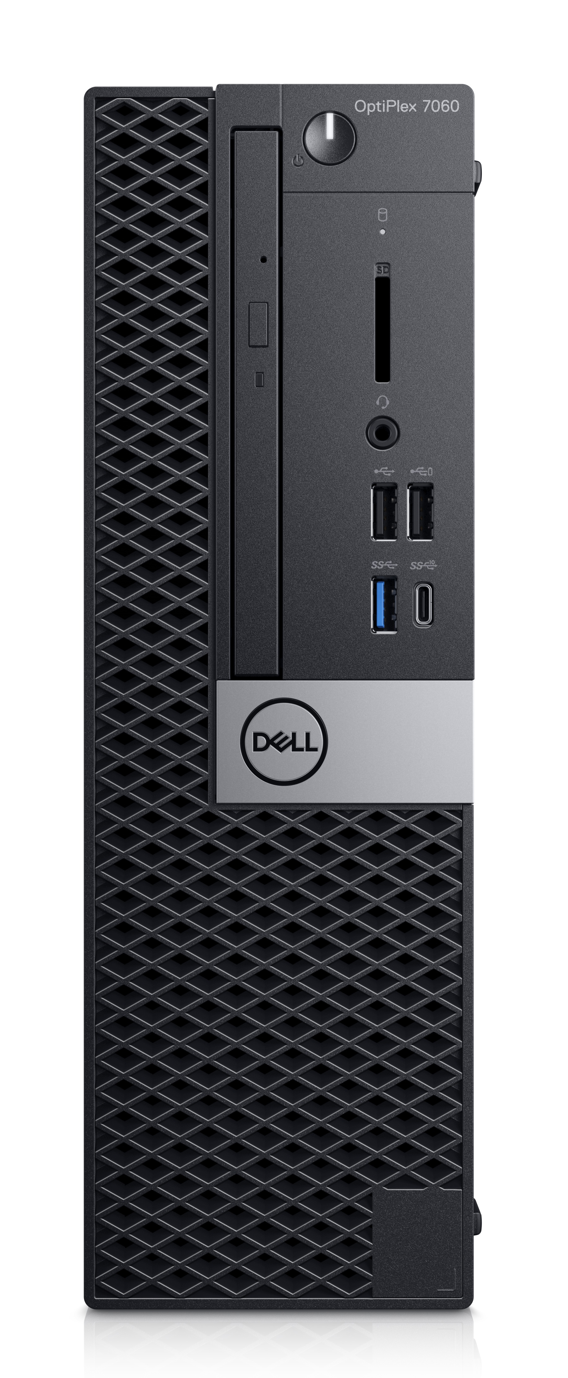 Een zwarte Dell OptiPlex 7060 desktopcomputer. Hij heeft een cd-drive en diverse poorten aan de voorkant.