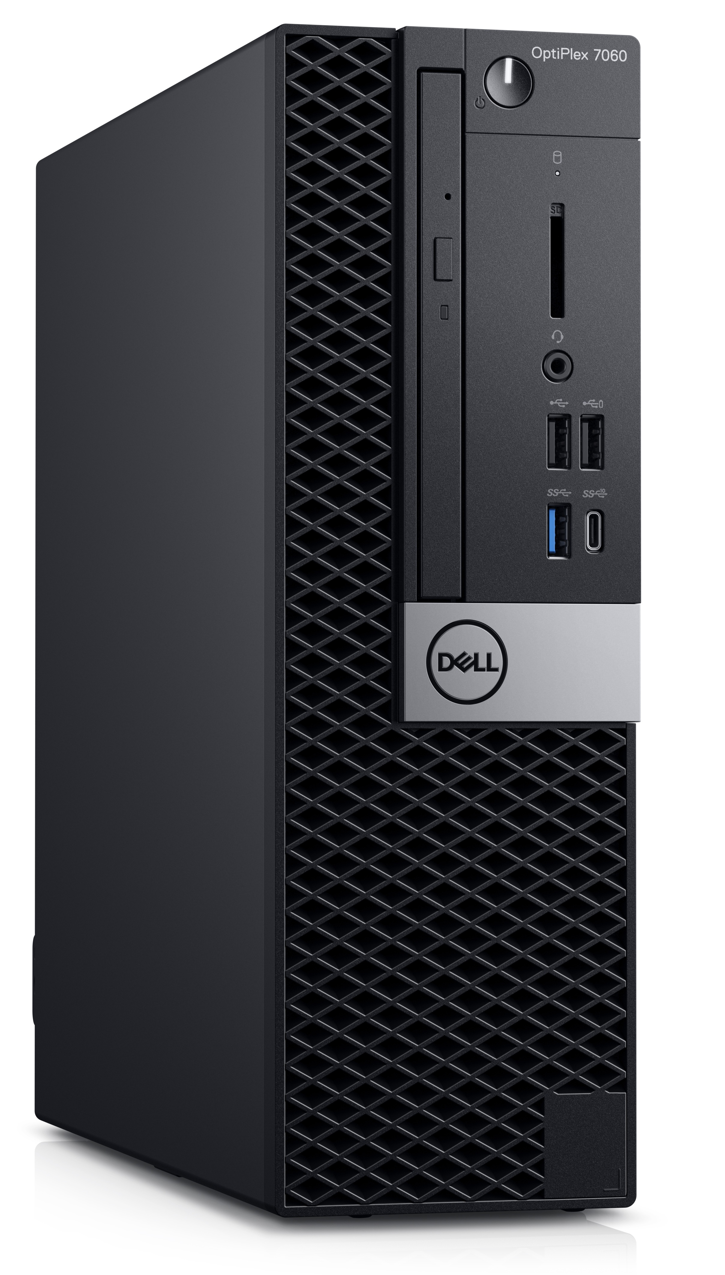 Zwarte Dell OptiPlex 7060 desktopcomputer met verticaal ontwerp en frontpoorten.