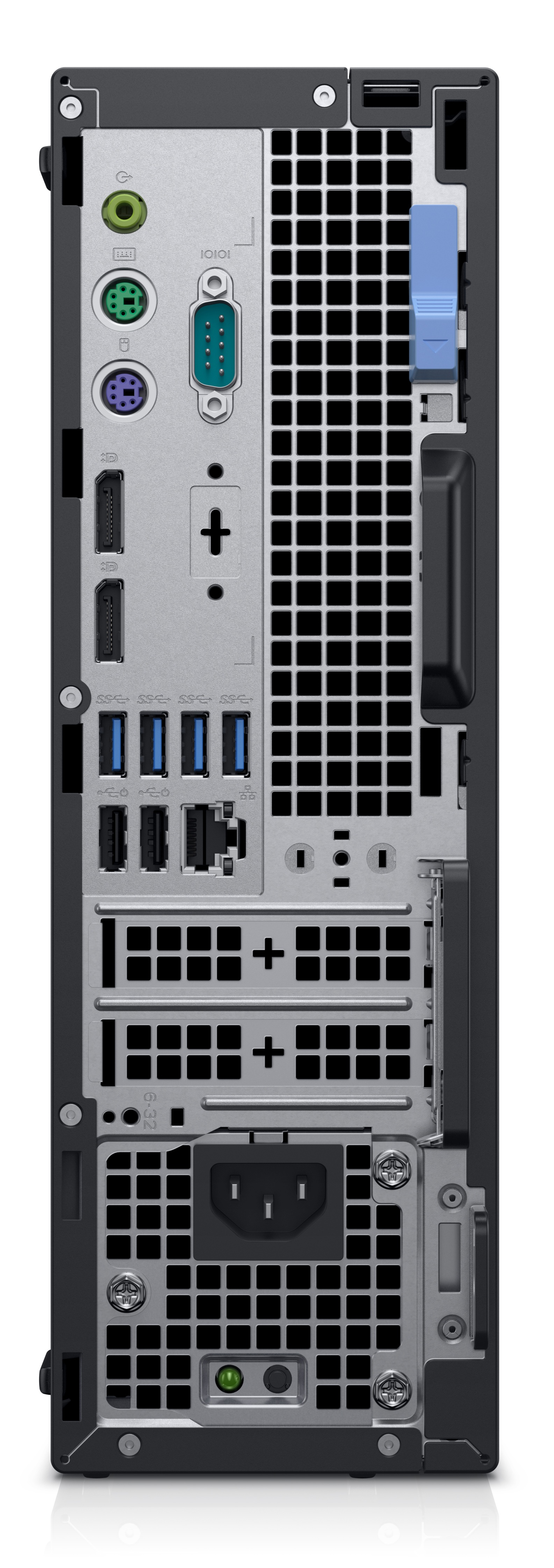 Achteraanzicht van een Dell OptiPlex 7090 computer. Het heeft verschillende poorten en aansluitingen voor apparaten.