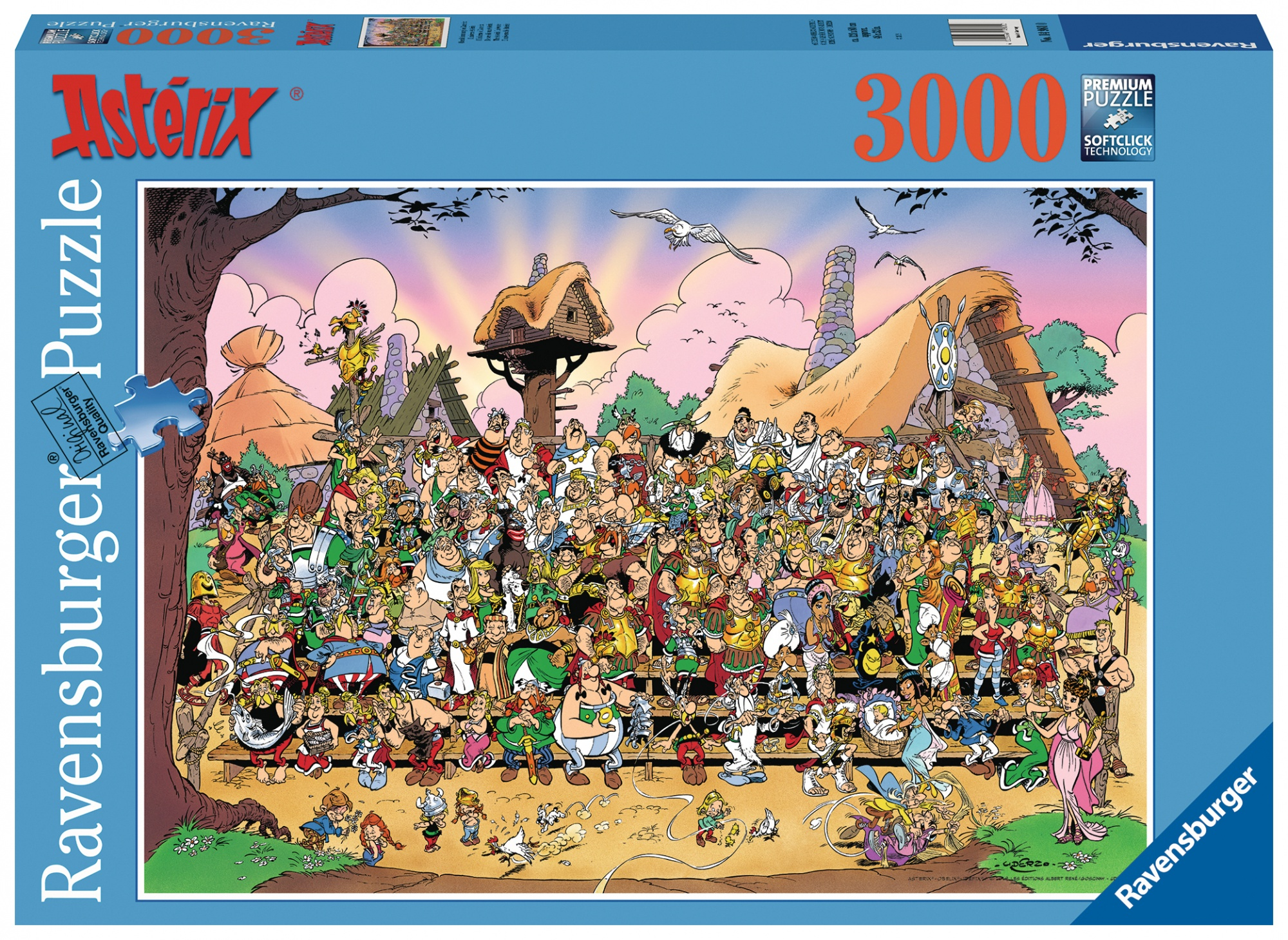 Een puzzeldoos met een Asterix-scène met veel stripfiguren in een dorpsomgeving.