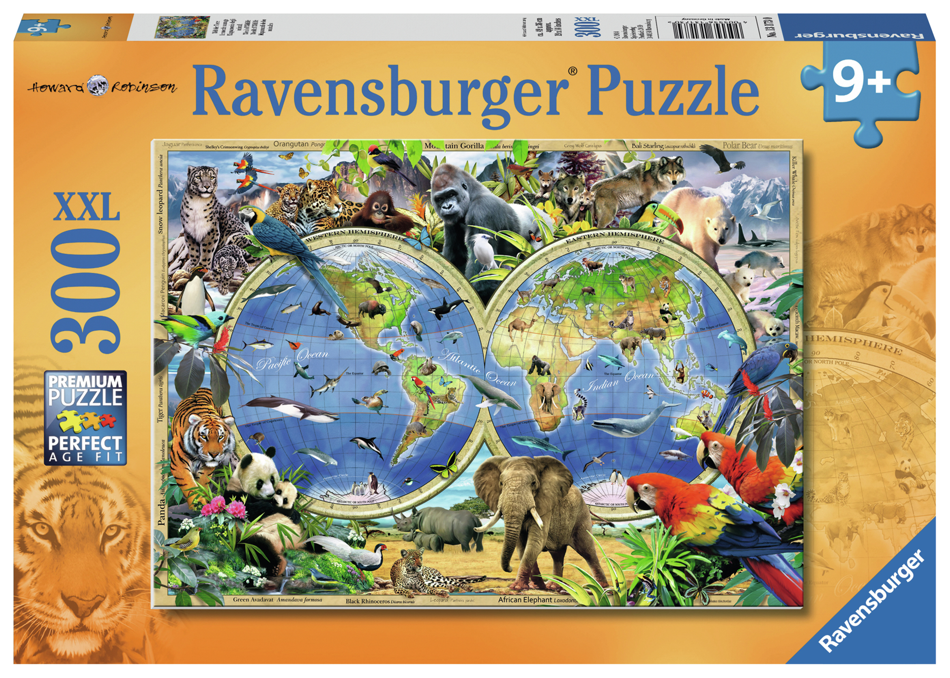 Puzzle Ravensburger XXL 300 elementów, mapa świata ze zwierzętami.