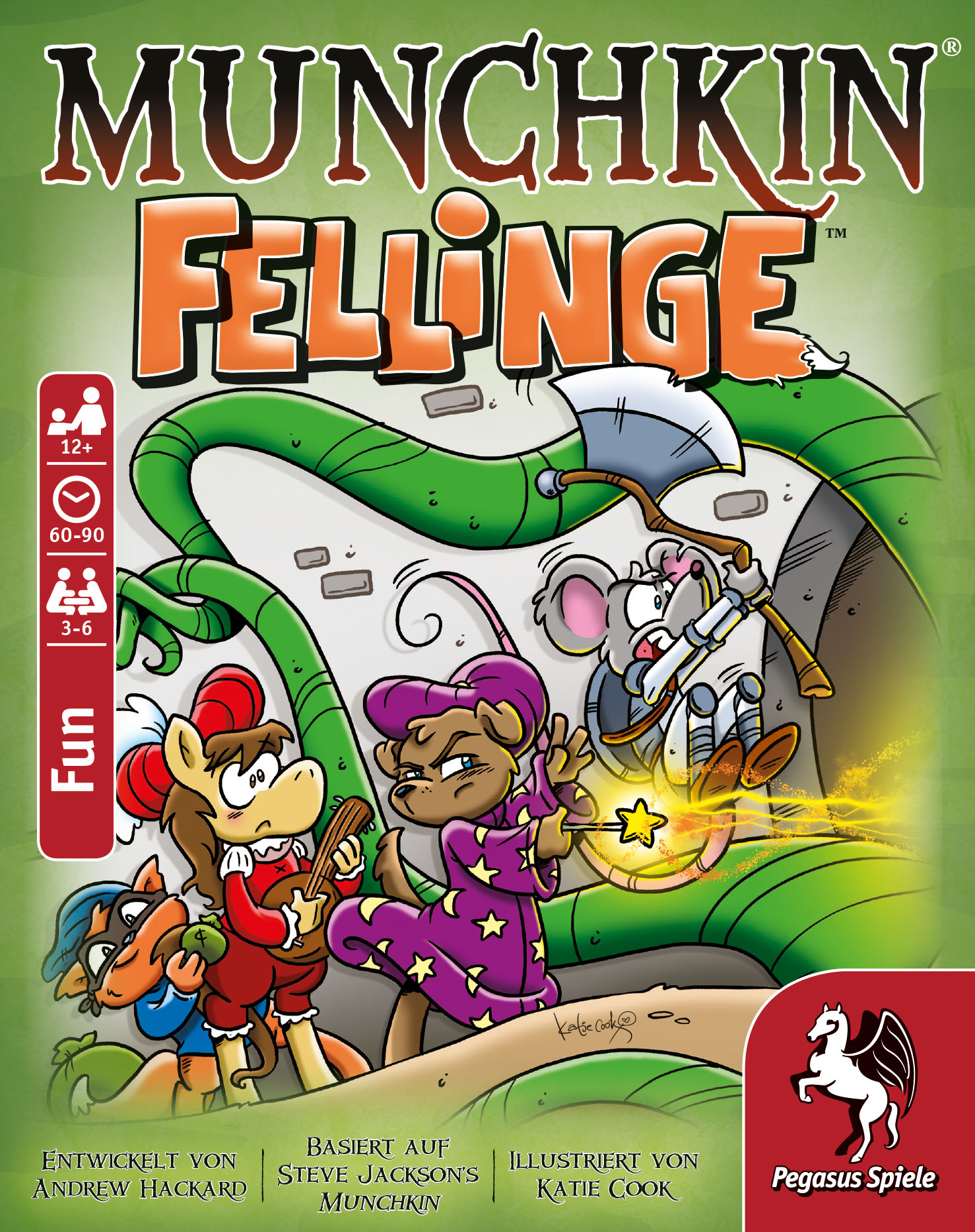 Munchkin Fellinge Spielkasten, mit Figuren und dem Logo des Spiels.