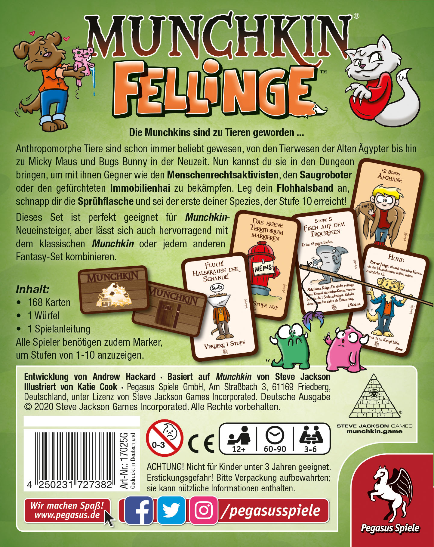 Die Rückseite einer Munchkin-Kartenspielbox. Es zeigt Charaktere, Karten und Spielinformationen auf Deutsch.