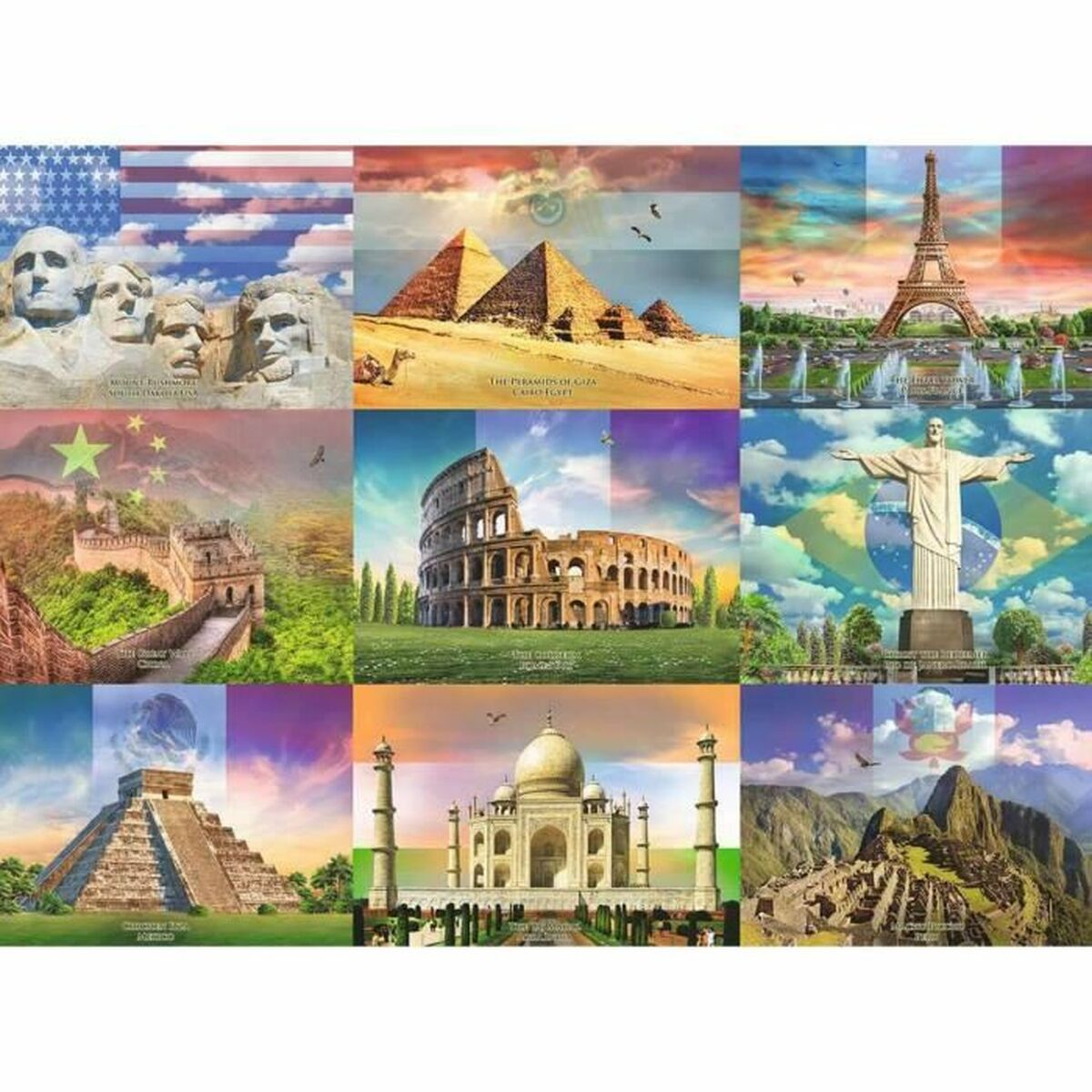 Puzzle z kultowymi zabytkami: Mount Rushmore, piramidy, Wieża Eiffla, Koloseum, Chrystus Zbawiciel.